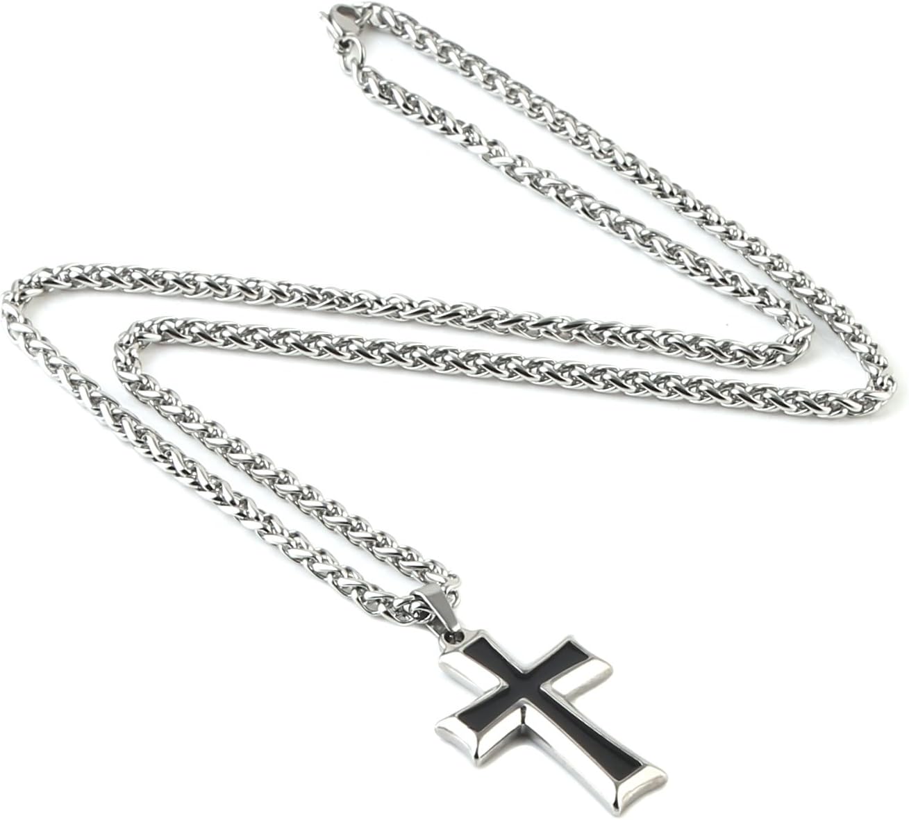 Mens Stainless Steel Cross Pendant Necklace with Wheat Chain, Silver