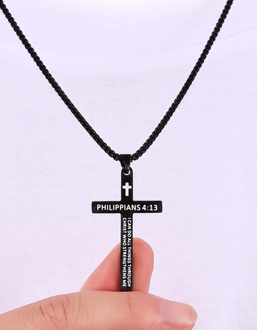 Load image into Gallery viewer, Bible Verse Cross Necklace for Men, Stainless Steel Mens Necklace, Black/Gold/Silver Tone Cross Pendant for Men, 22 inches
