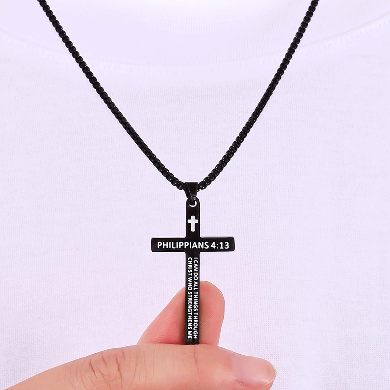 Bible Verse Cross Necklace for Men, Stainless Steel Mens Necklace, Black/Gold/Silver Tone Cross Pendant for Men, 22 inches