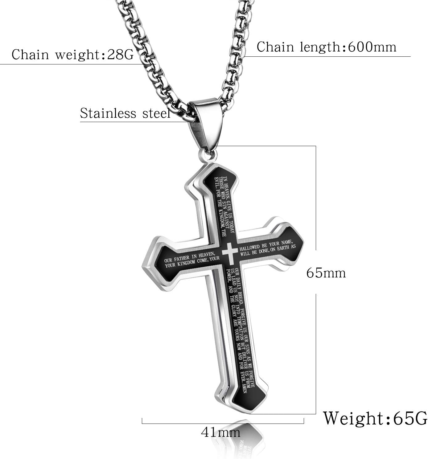 Mens Cross Pendant Necklace Large Stainless Steel Cross Pendant Necklace for Men Women, Silver