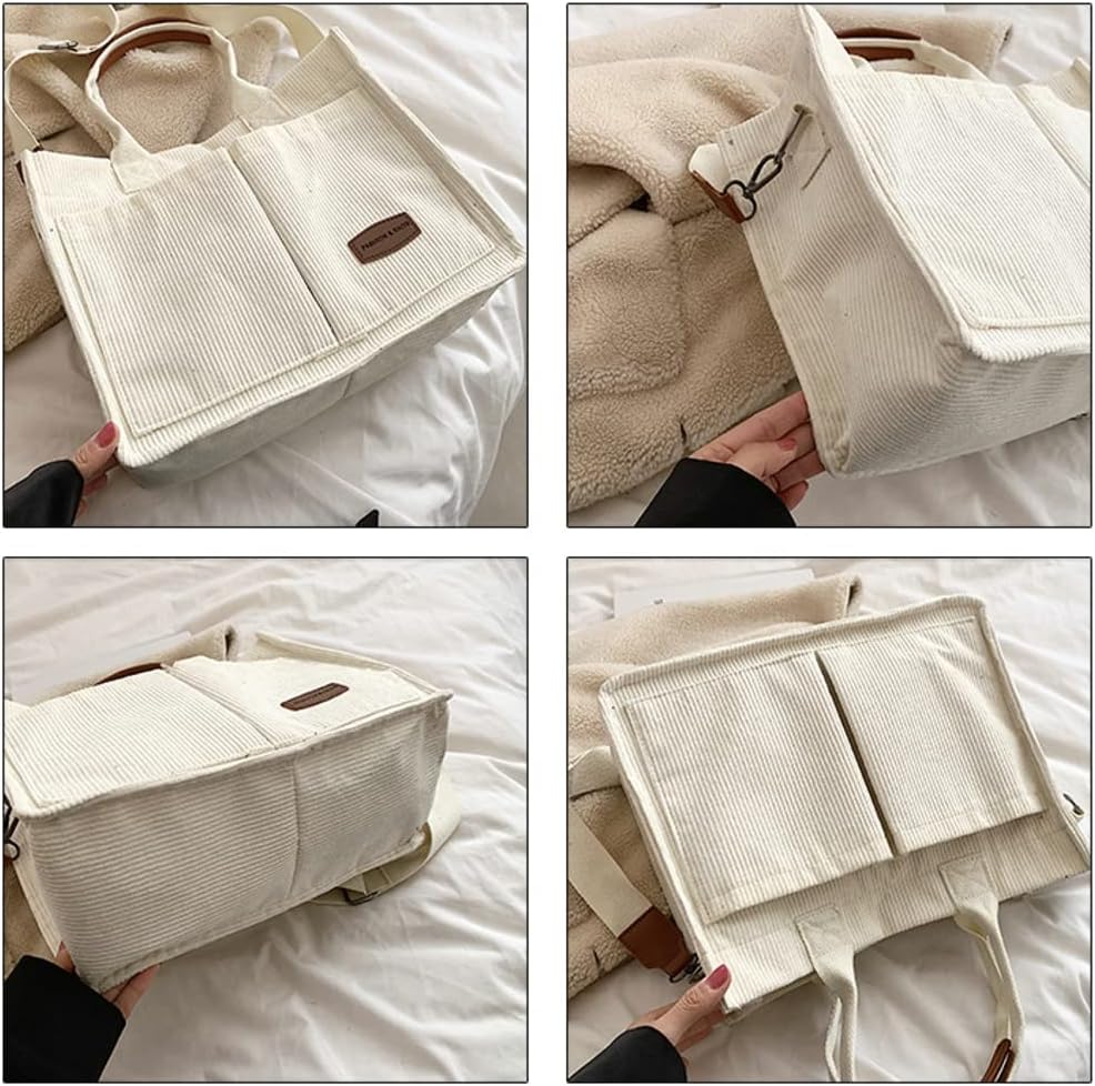 Tote Bag for Women Fashion Corduroy Handbags Casual Hobo Messenger Bag Canvas Shoulder Bag with Multi-pocket, Beige