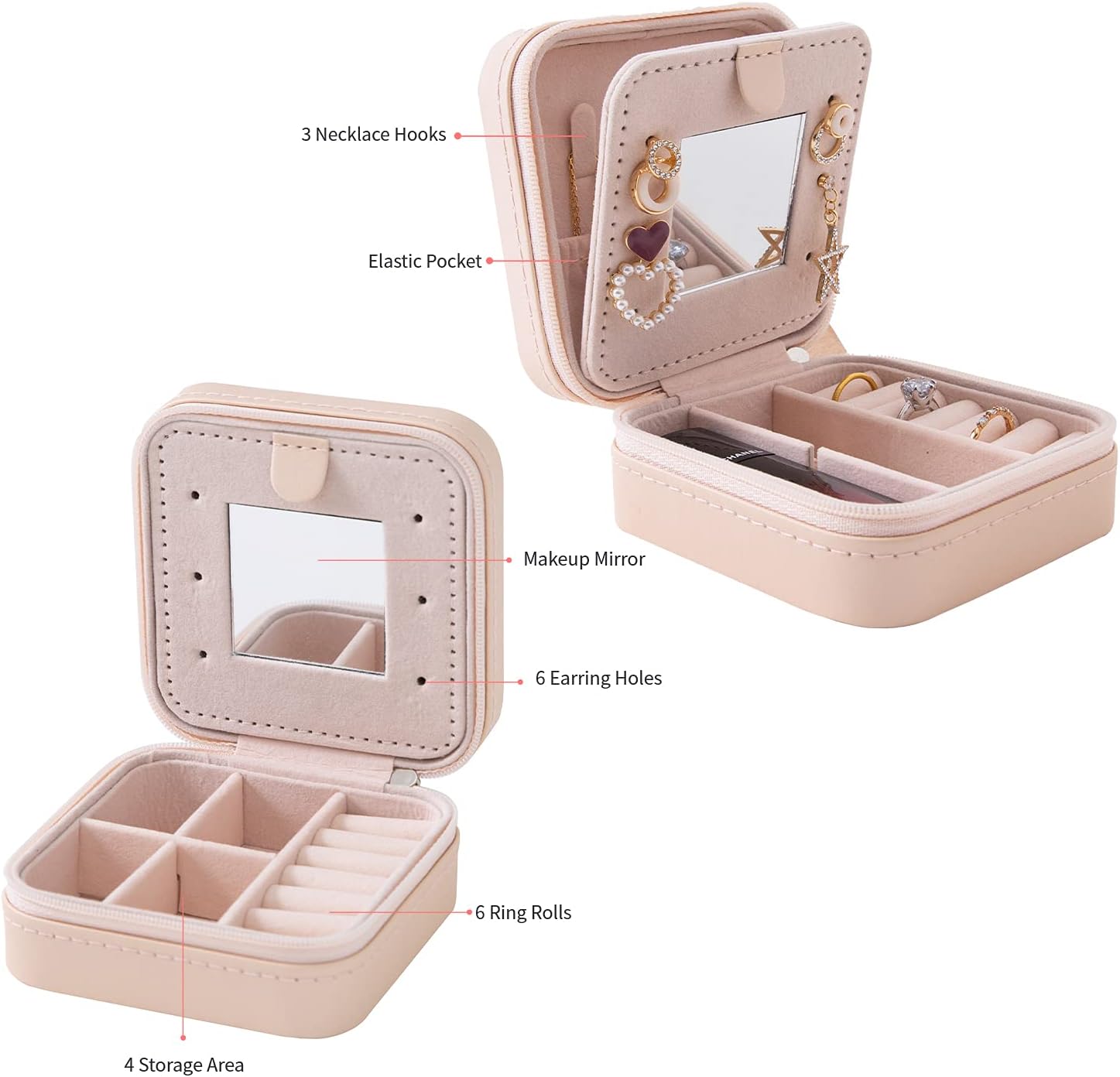 Travel Jewelry Case and Organizer with Mirror - Gift for Women and Girls, Pink