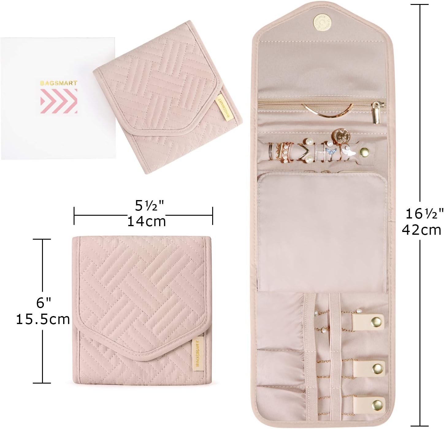 Travel Jewelry Organizer Case Foldable Jewelry Roll for Journey, Soft Pink