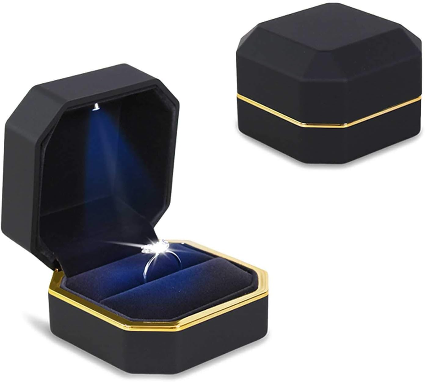 Square Velvet Wedding Ring Case Jewelry Gift Box with LED Light for Proposal Engagement Wedding, Black