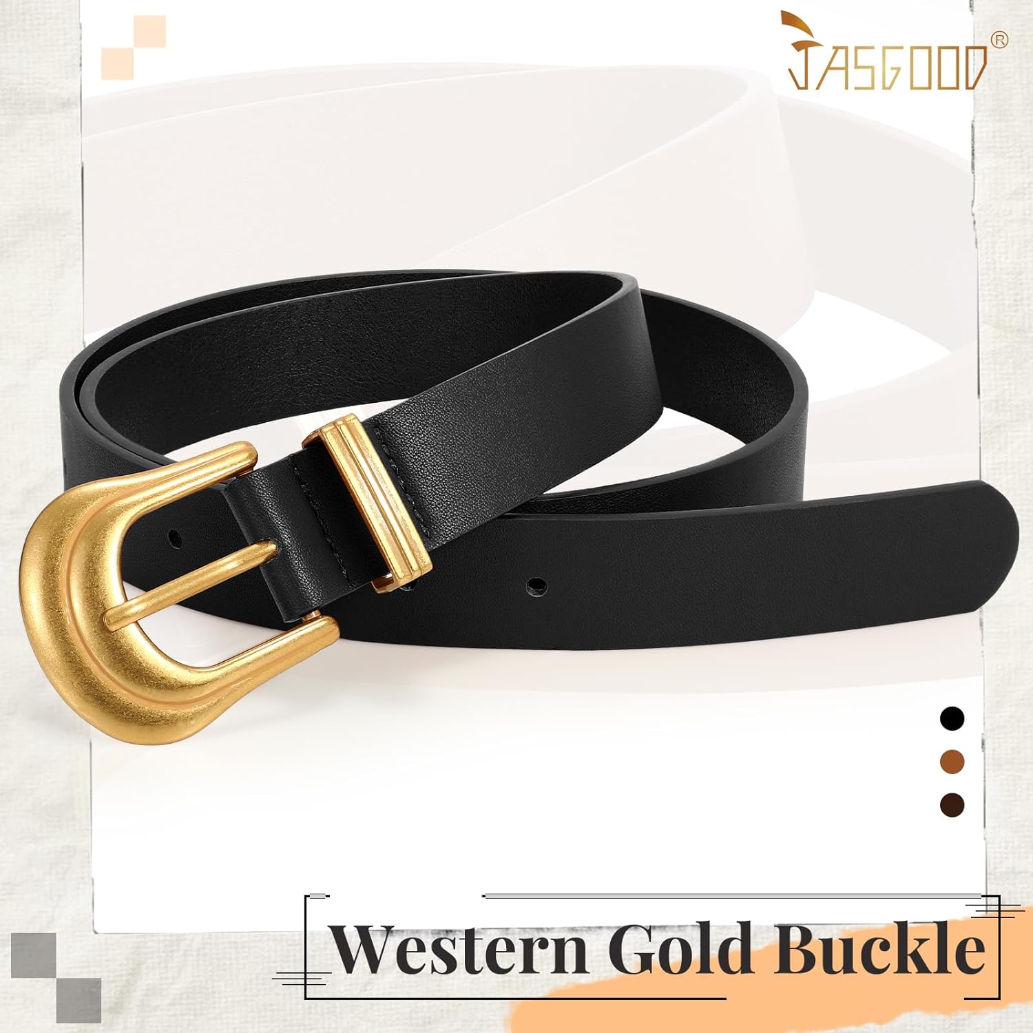 Women's Western Belt Vintage Black Leather Waist Belt for Pants Jeans with Gold Buckle (Fits Waist 33-7 inches, Black/Gold)