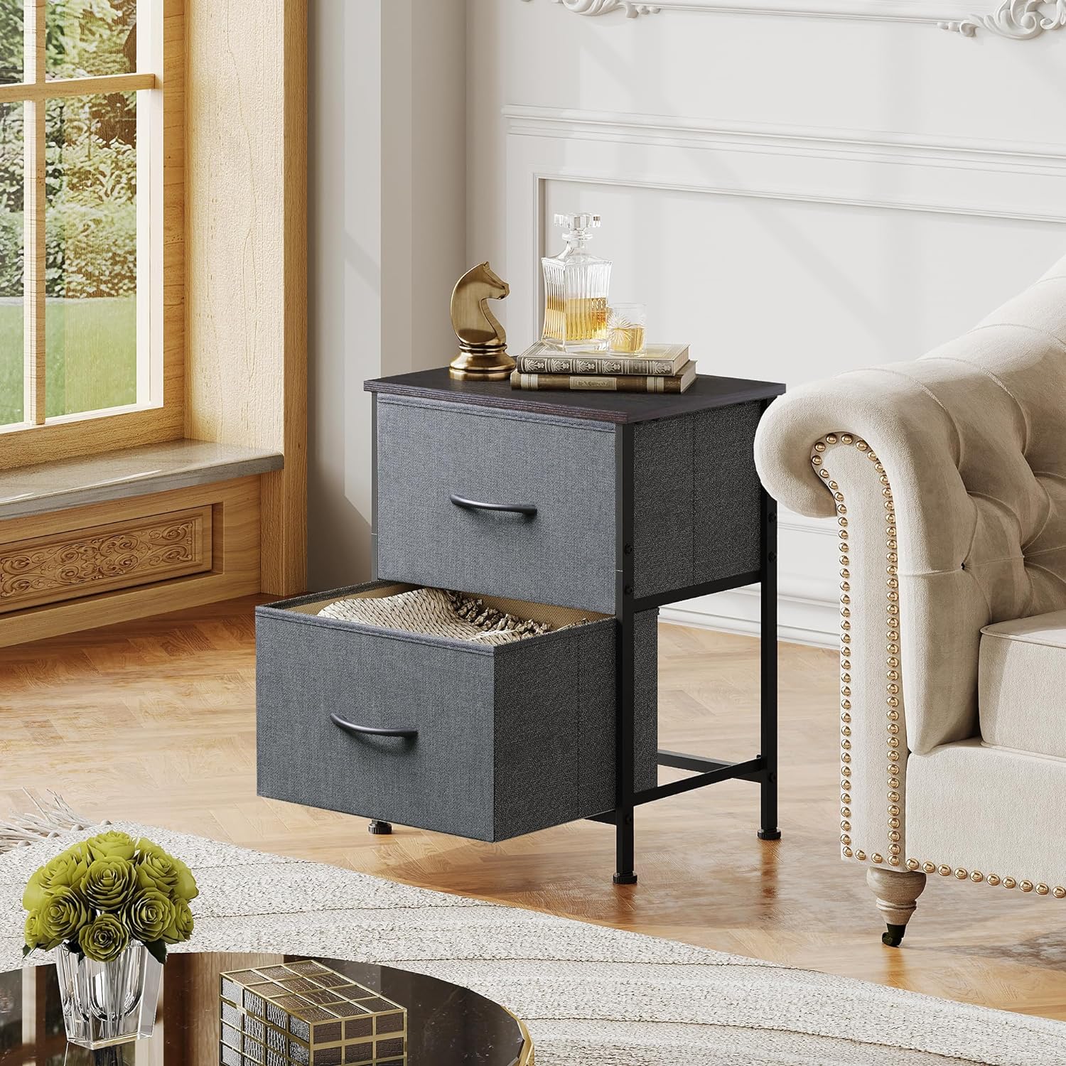 2 Drawer Dresser for Bedroom, Night Stand, End Table with Fabric Bins for Bedroom, Closet, Entryway, College Dorm, Dark Grey