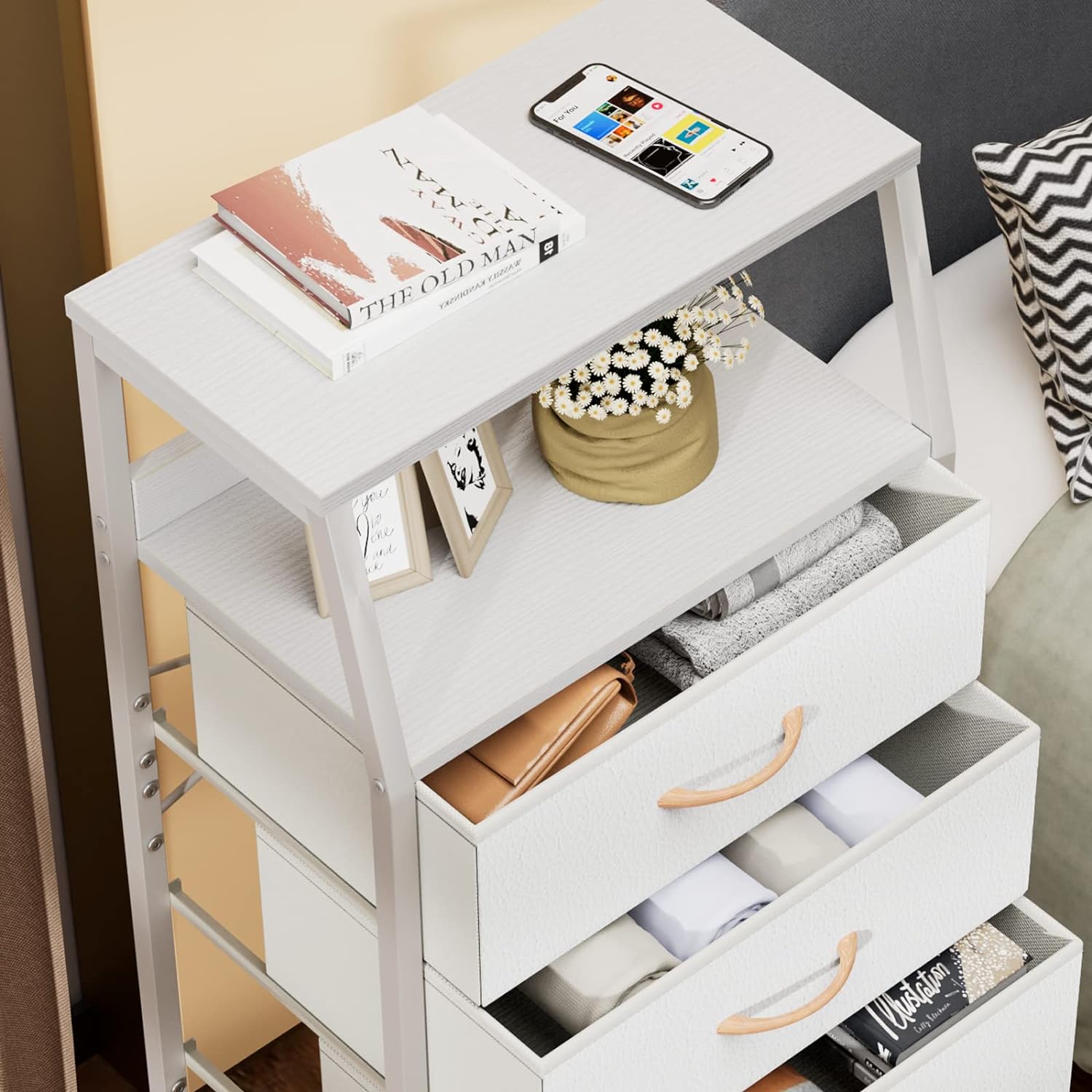 White Dresser with 5 Drawers, Vertical Storage Tower Fabric Dresser for Bedroom,  Wood Top, White