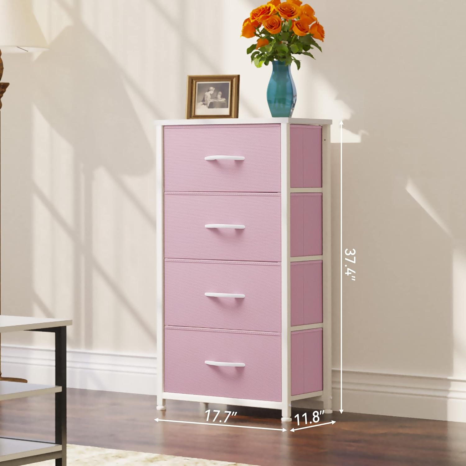 Storage Drawer with 4 Drawers - Fabric Dressers for Kids, Wooden Top & Easy Pull Fabric Bins, Pink