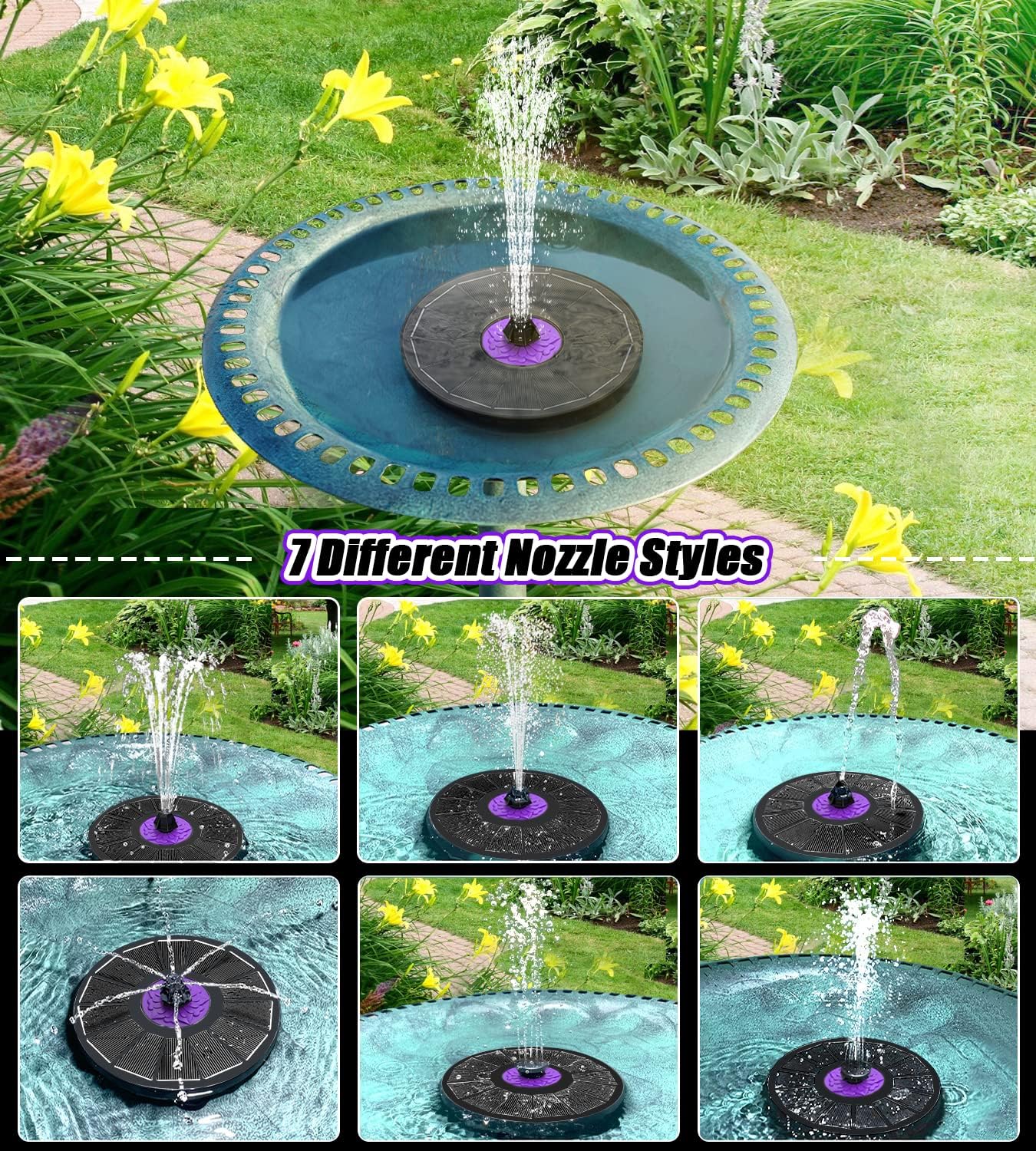 Solar Fountain 3.5W Bird Bath Fountains with Flower 2024 Upgraded Glass Panel, Black