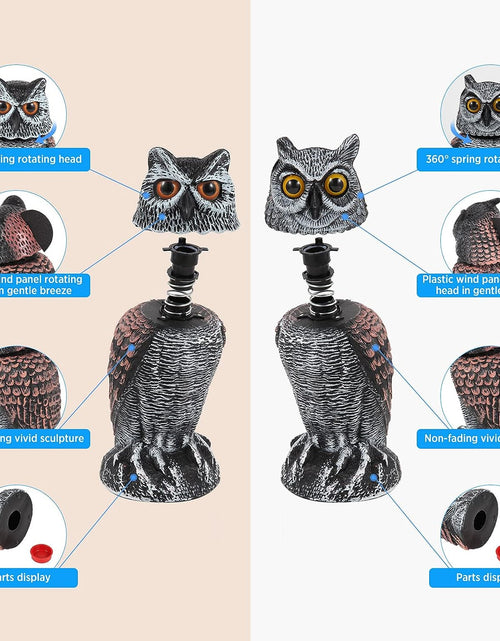 Load image into Gallery viewer, 2 Pack Fake Owl Decoys to Scare Birds Away from Gardens and Patios
