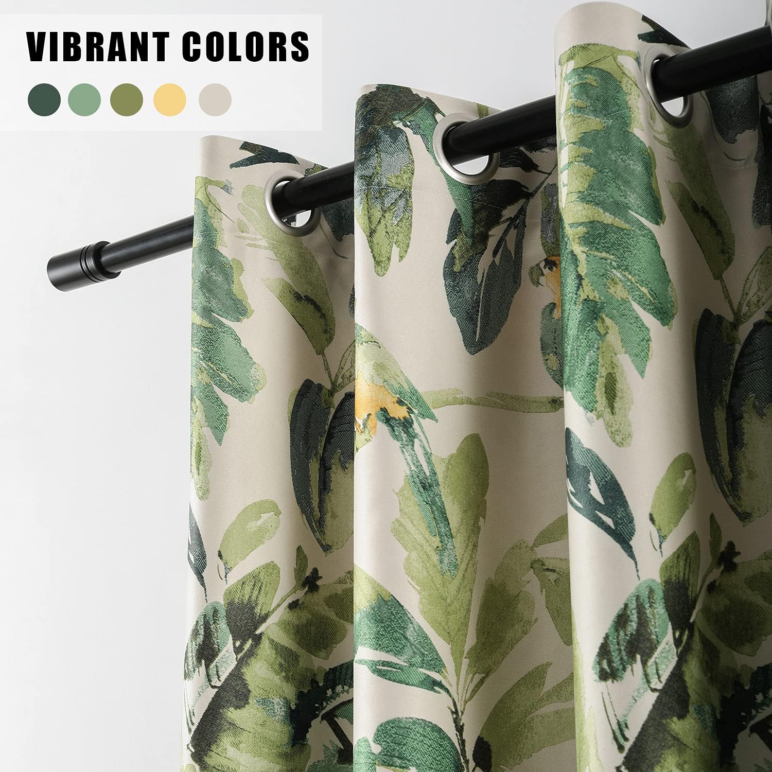 Vivid Leaves Print Thermal Insulated Window Treatment Room Darkening Curtain Drapes, 2 Panels, 52 x 96, Green