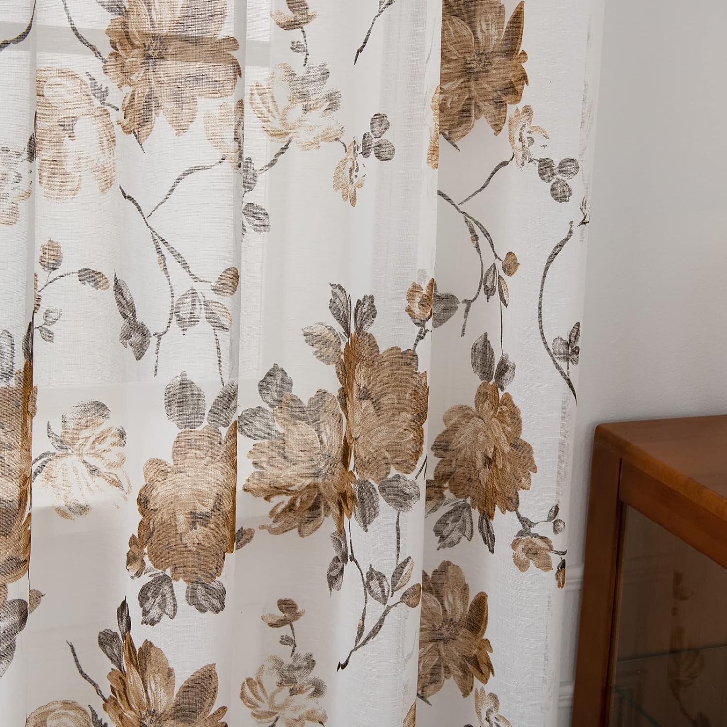 Vintage Floral Curtains 84 Inch Length 2 Panels Set for Living Room Bedroom Rod Pocket Semi Sheer,  Taupe on White