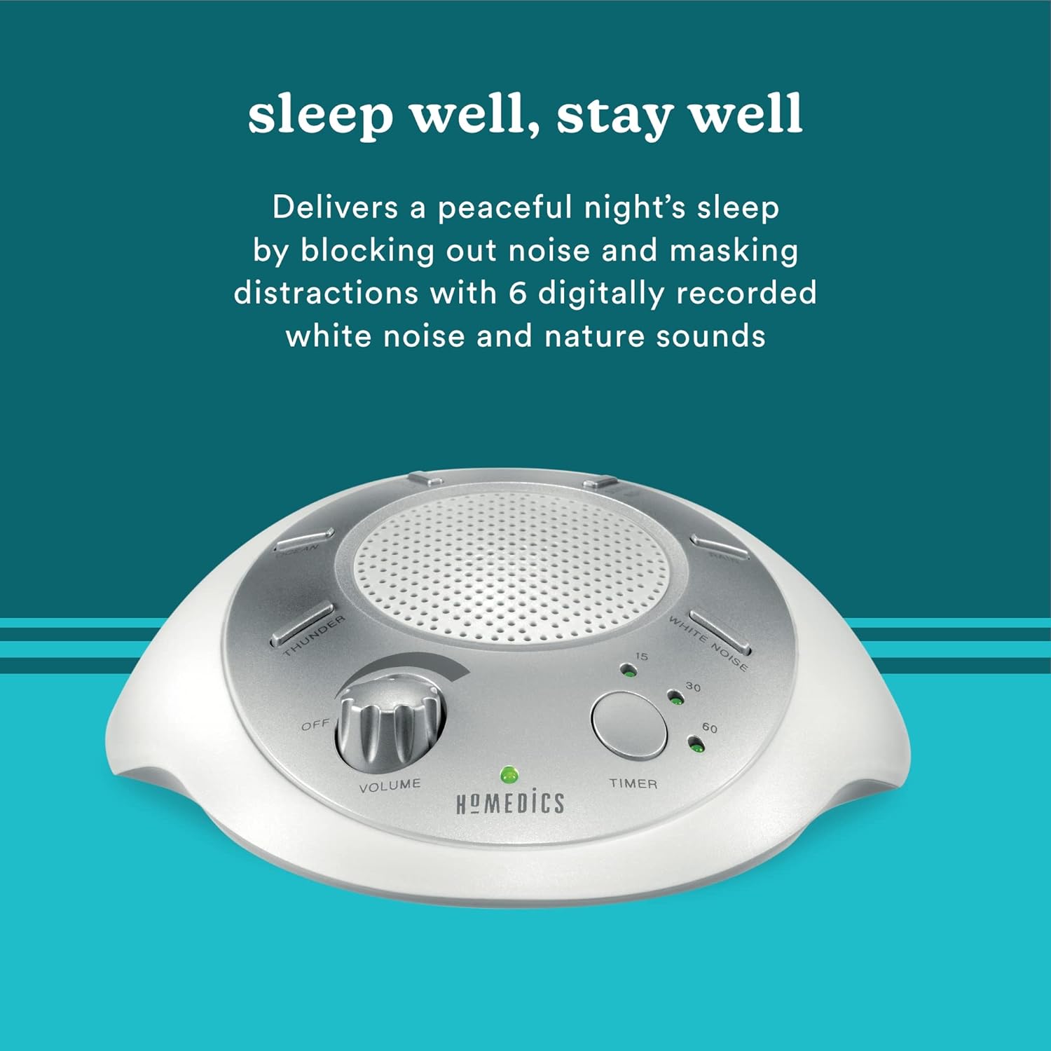 SoundSleep White Noise Sound Machine, Silver, Small Travel Sound Machine with 6 Relaxing Nature Sounds, Silver