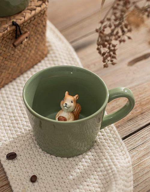 Load image into Gallery viewer, Squirrel Ceramic Cup Hidden 3D Animal Inside Mug,Cute Cartoon Handmade Figurine Mugs, 12 OZ (Light Green)
