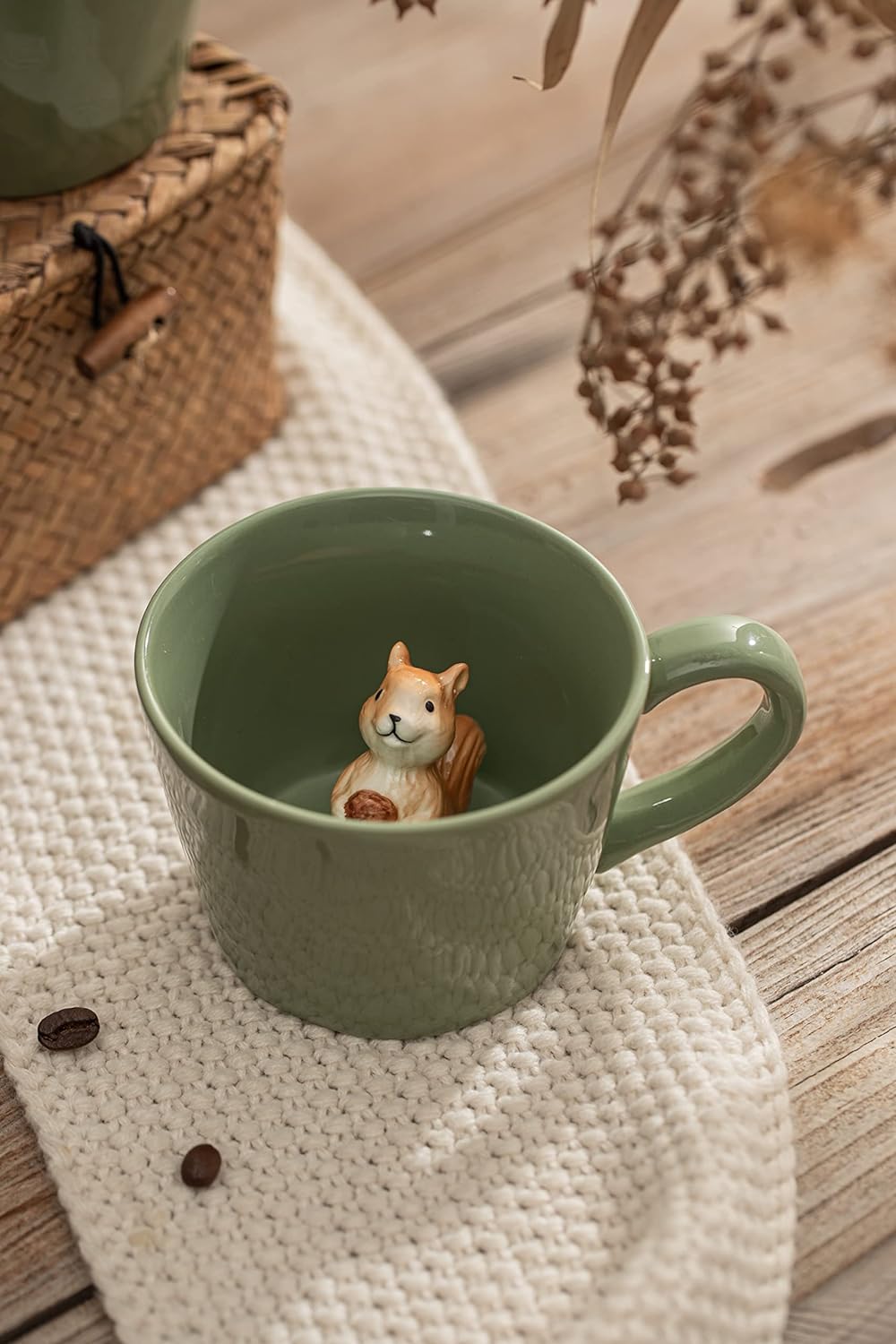 Squirrel Ceramic Cup Hidden 3D Animal Inside Mug,Cute Cartoon Handmade Figurine Mugs, 12 OZ (Light Green)