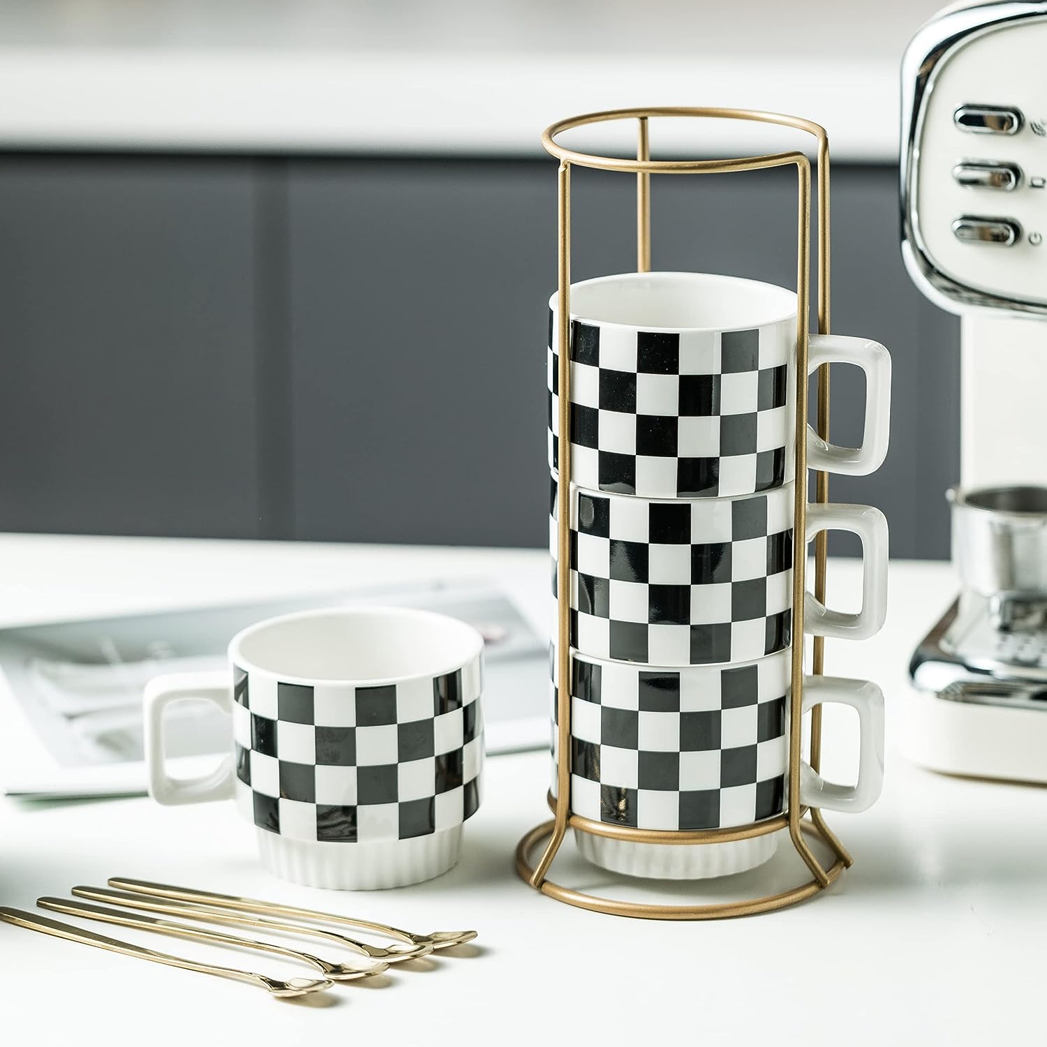 Stackable Coffee Mug Set of 4 with Rack 11 oz Tea Cup Set with Little Spoon (Black & White Pattern)