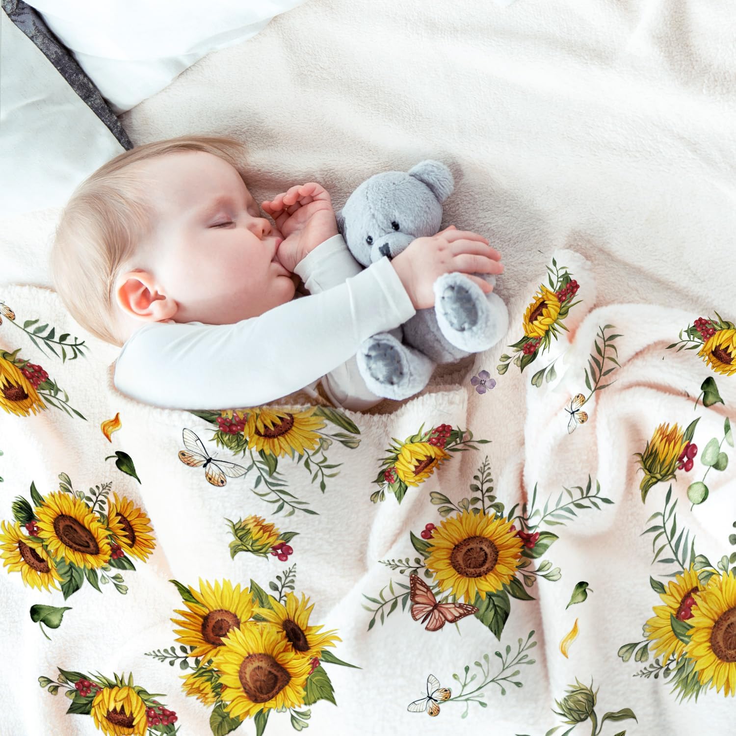 Sunflower Butterfly Throw Blanket Super Soft Flannel Throw Blanket Lightweight, 50"X60"