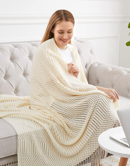 Load image into Gallery viewer, Off White Knitted Throw Blankets for Couch, Decorative Knitted Blankets with Tassel,50&quot;x60&quot;
