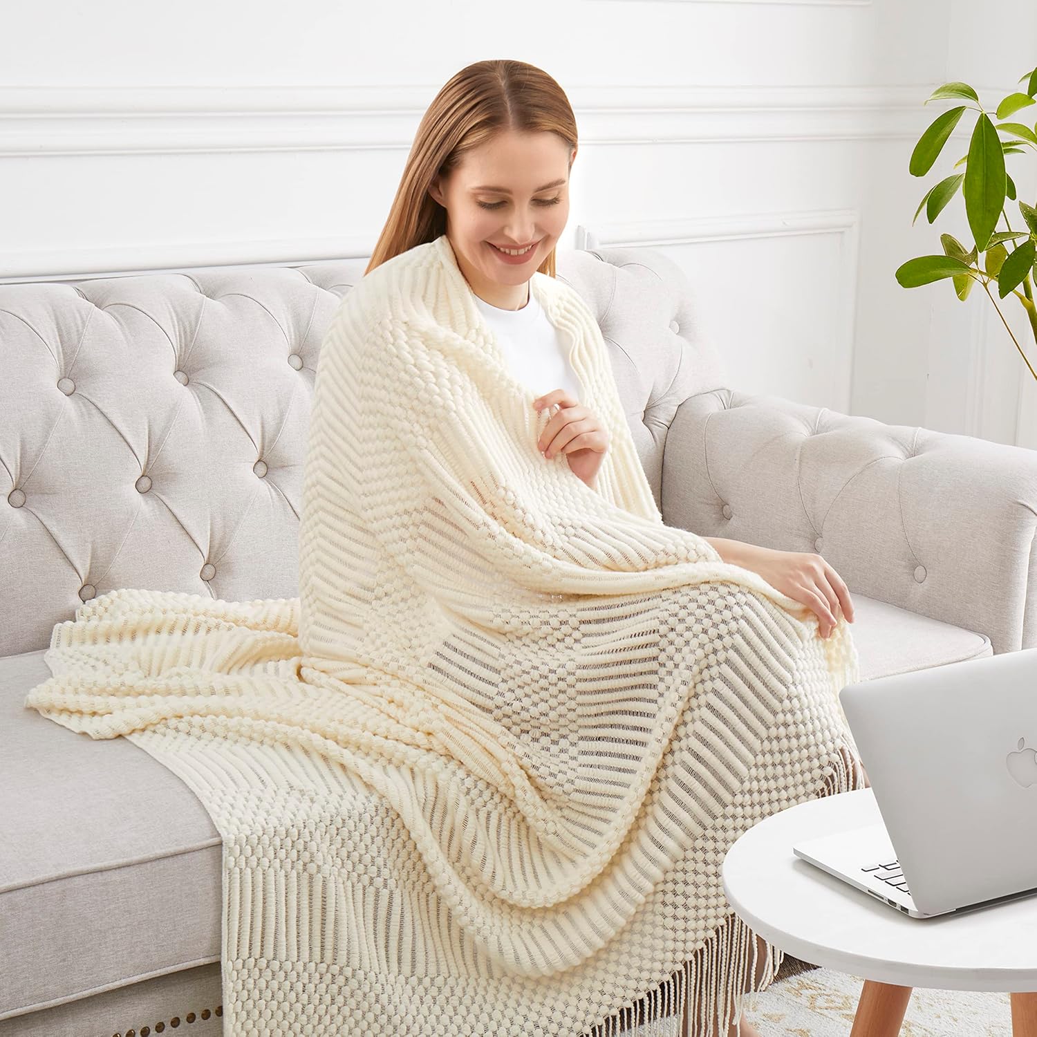 Off White Knitted Throw Blankets for Couch, Decorative Knitted Blankets with Tassel,50"x60"