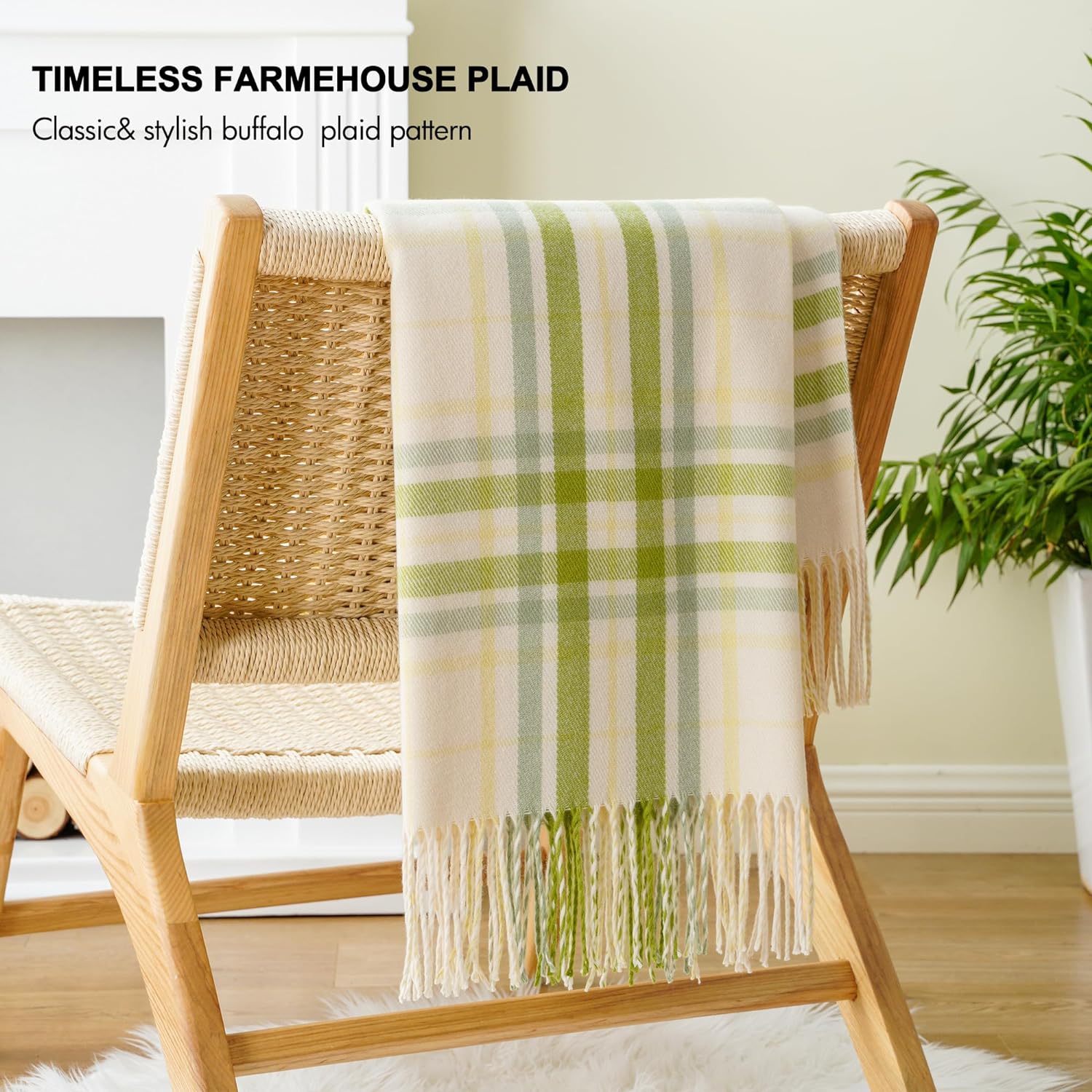 Spring Summer Plaid Throw Blanket for Couch Bed, Decorative White Green Stripe for Home Decor