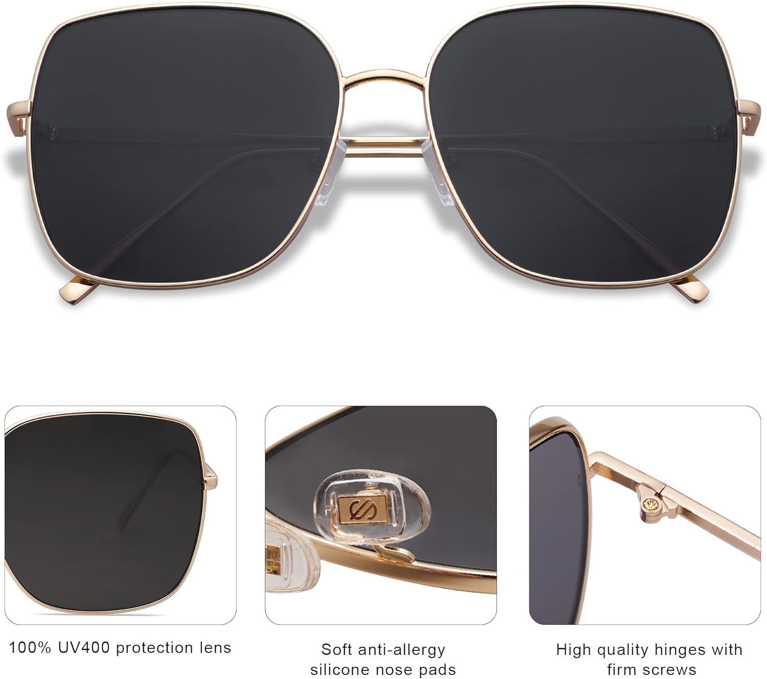 Trendy Oversized Square Metal Frame Sunglasses for Women Men Flat Mirrored Lens UV Protection, Gold Grey