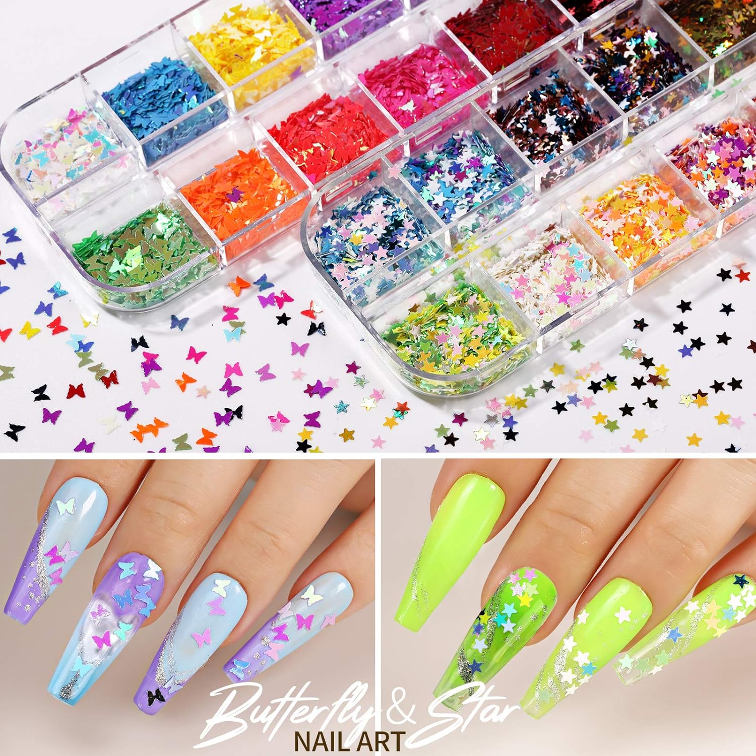 12 Sheets Nail Art Sticker 3D Self-Adhesive, Nail Art Decoration with 5 Boxes Holographic,Spring/Summer