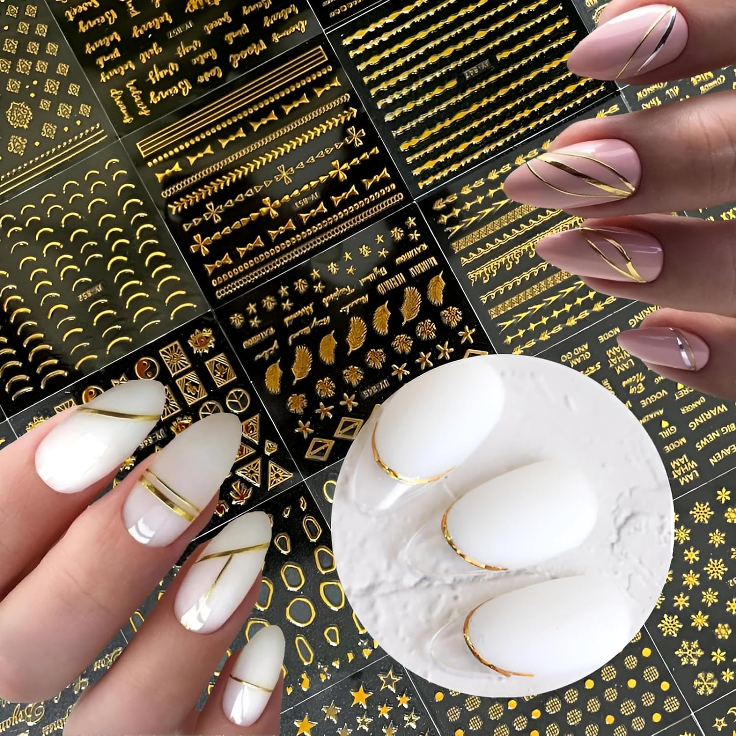 30 Sheets Gold Nail Art Stickers 3D Self-Adhesive Nail Decals Gold Line Star