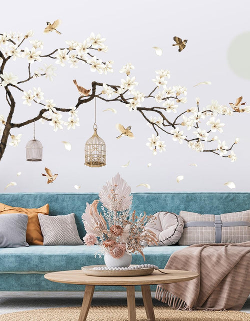 Load image into Gallery viewer, White Flowers Black Tree and Flying Birds Wall Stickers Removable DIY Wall Art 50x74 Inch
