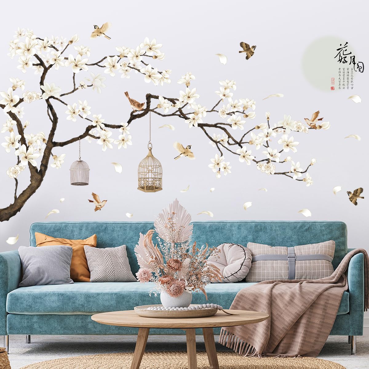 White Flowers Black Tree and Flying Birds Wall Stickers Removable DIY Wall Art 50x74 Inch