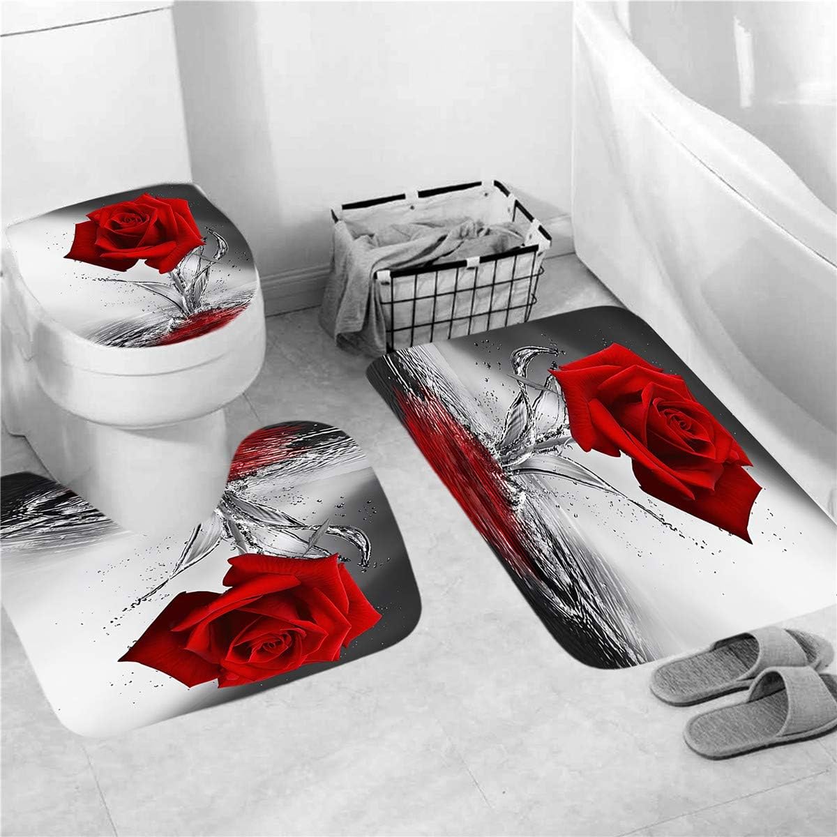 4PCS Red Rose Shower Curtain Sets with Non-Slip Rugs ,Toilet Lid Cover and Bath Mat