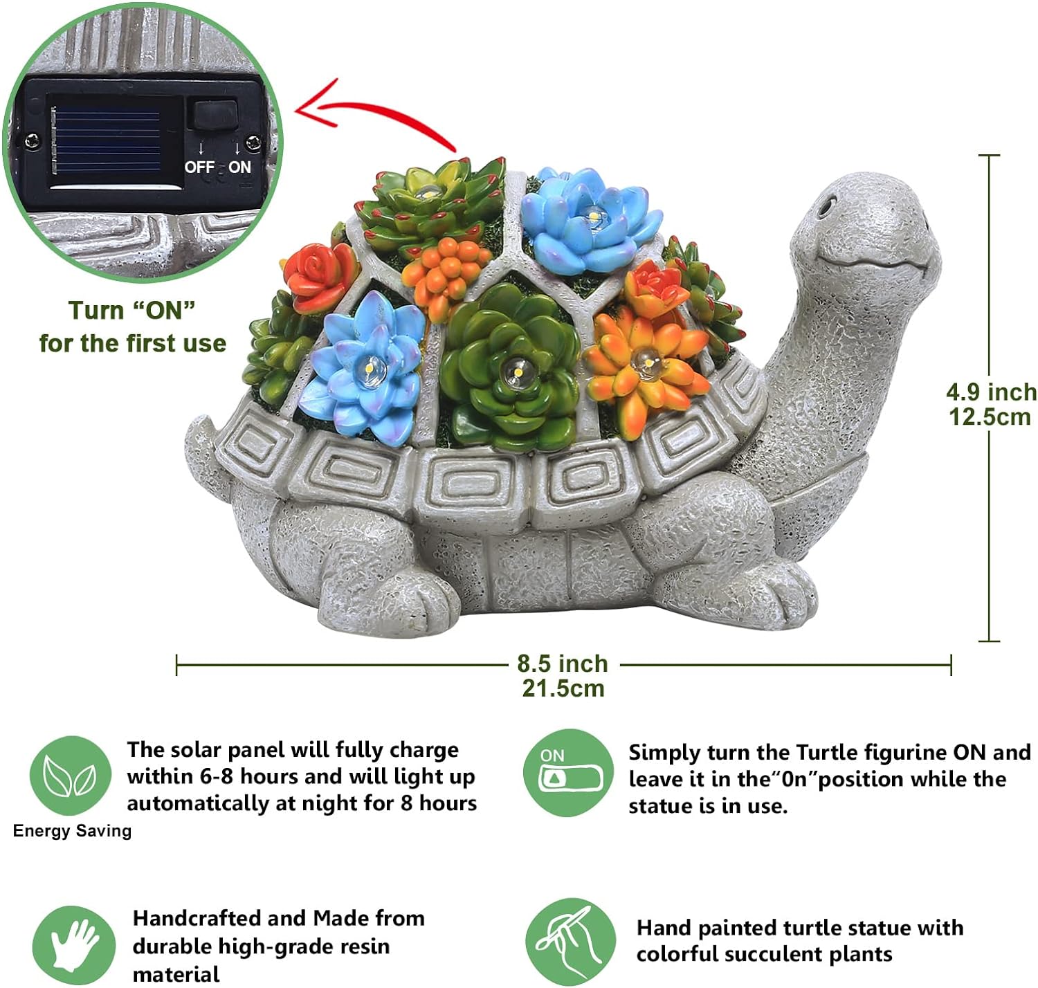 Solar Garden Statue Turtle Figurine 7 LED Lights (Turtle)