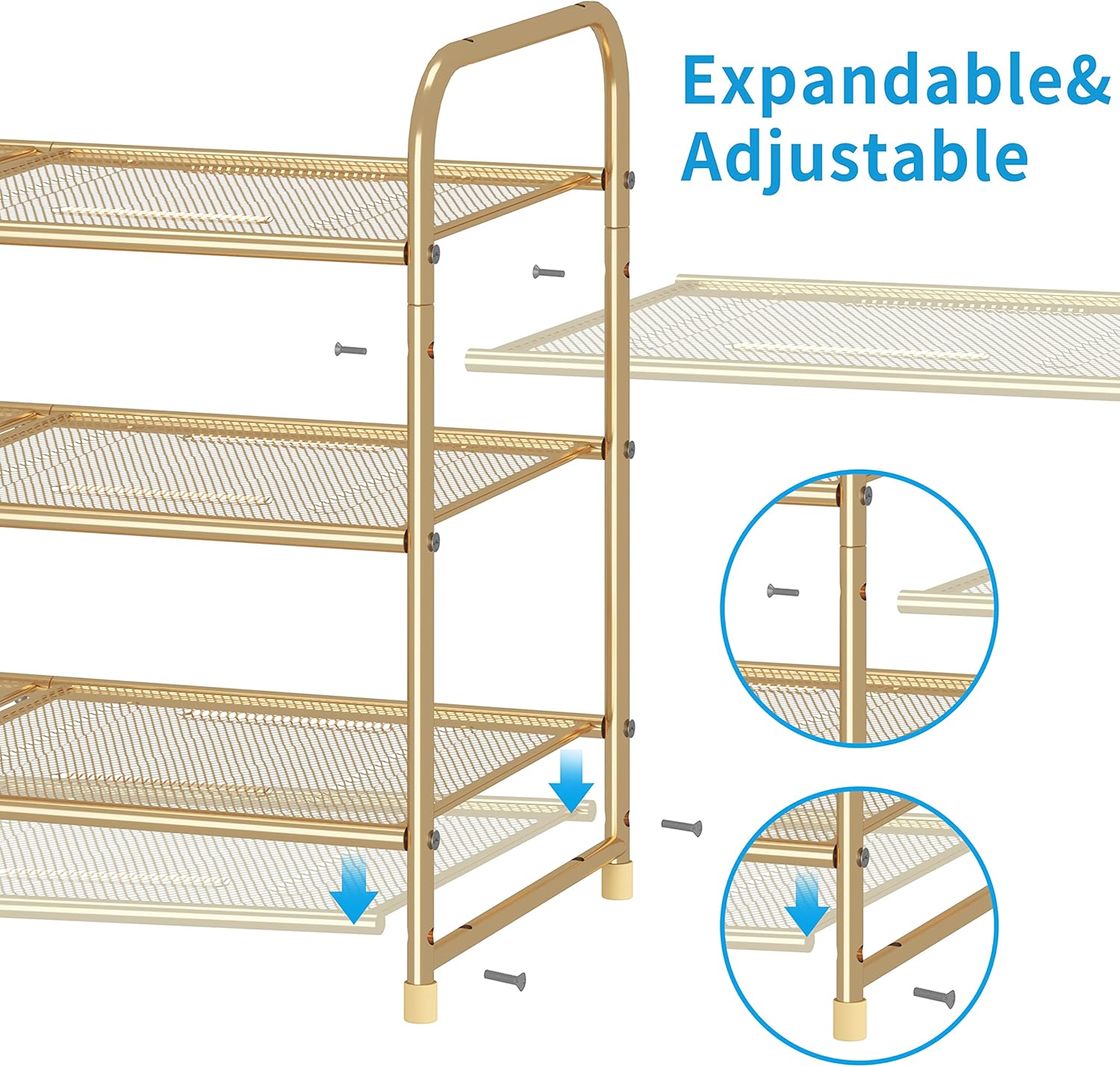 3-Tier Stackable Shoe Rack, Expandable & Adjustable Shoe Shelf Storage Organizer, Metal Mesh, Gold