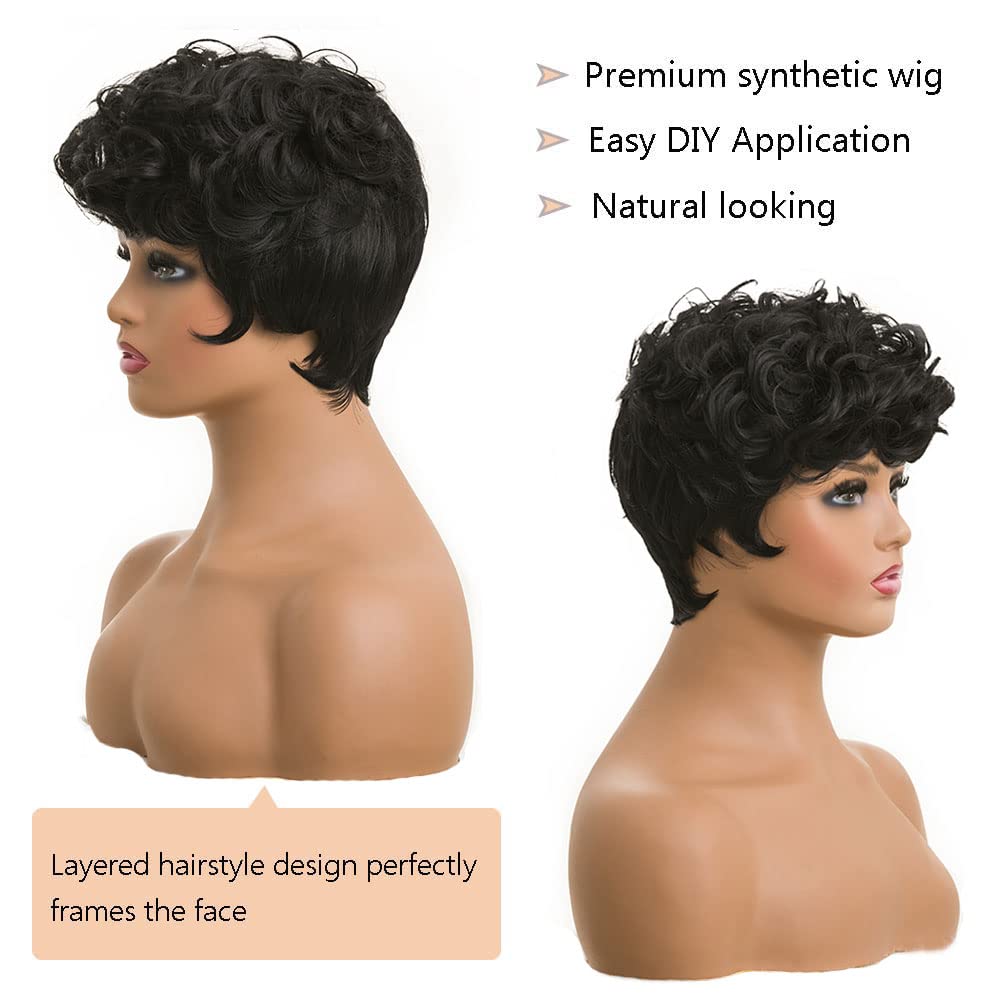 Short Black Curly Pixie Wigs Synthetic Hair Wigs for Black Women Natural Wavy