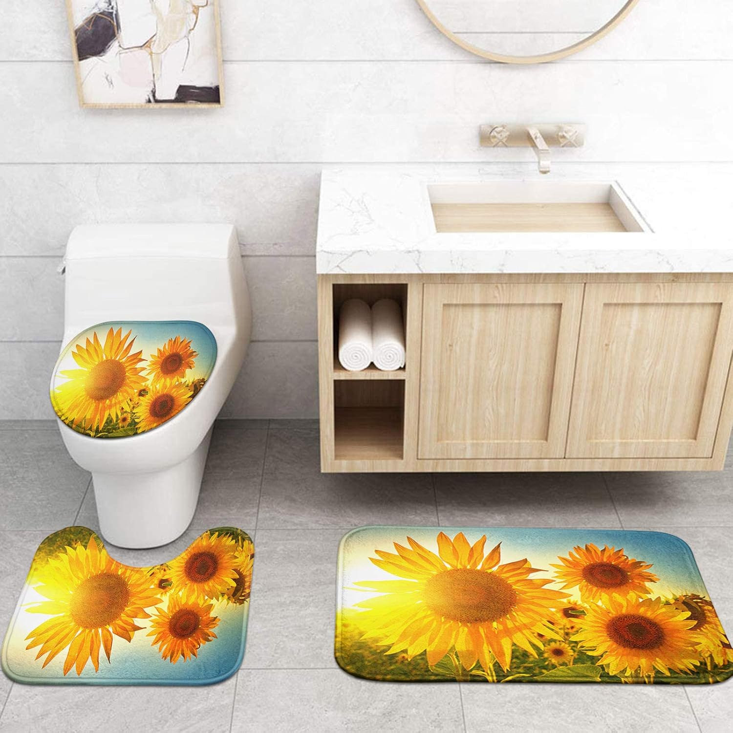 4 Pcs Shower Curtain Set Sunflowers Countryside Field Floral Sunset Yellow with Non-Slip Rugs Toilet Lid Cover , 72" x 72"