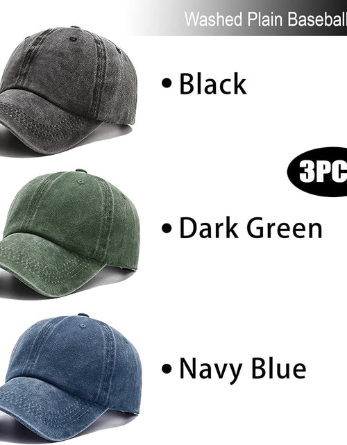 Load image into Gallery viewer, 3 Pack Washed Plain Vintage Baseball Cap Cotton Adjustable Twill Bulk Low Profile Classic Dad Hat (Dark Green+black+navy Blue)
