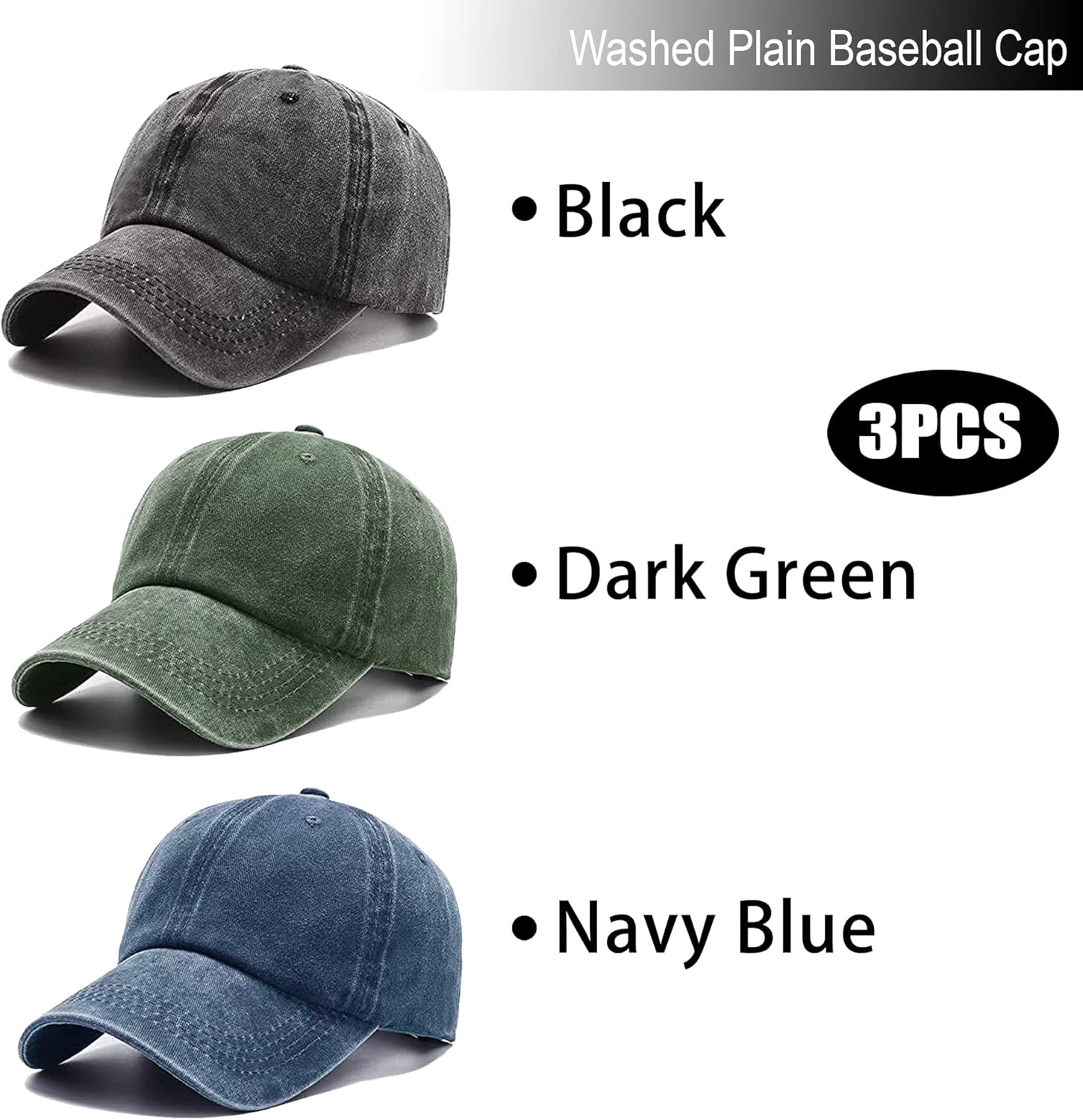 3 Pack Washed Plain Vintage Baseball Cap Cotton Adjustable Twill Bulk Low Profile Classic Dad Hat (Dark Green+black+navy Blue)