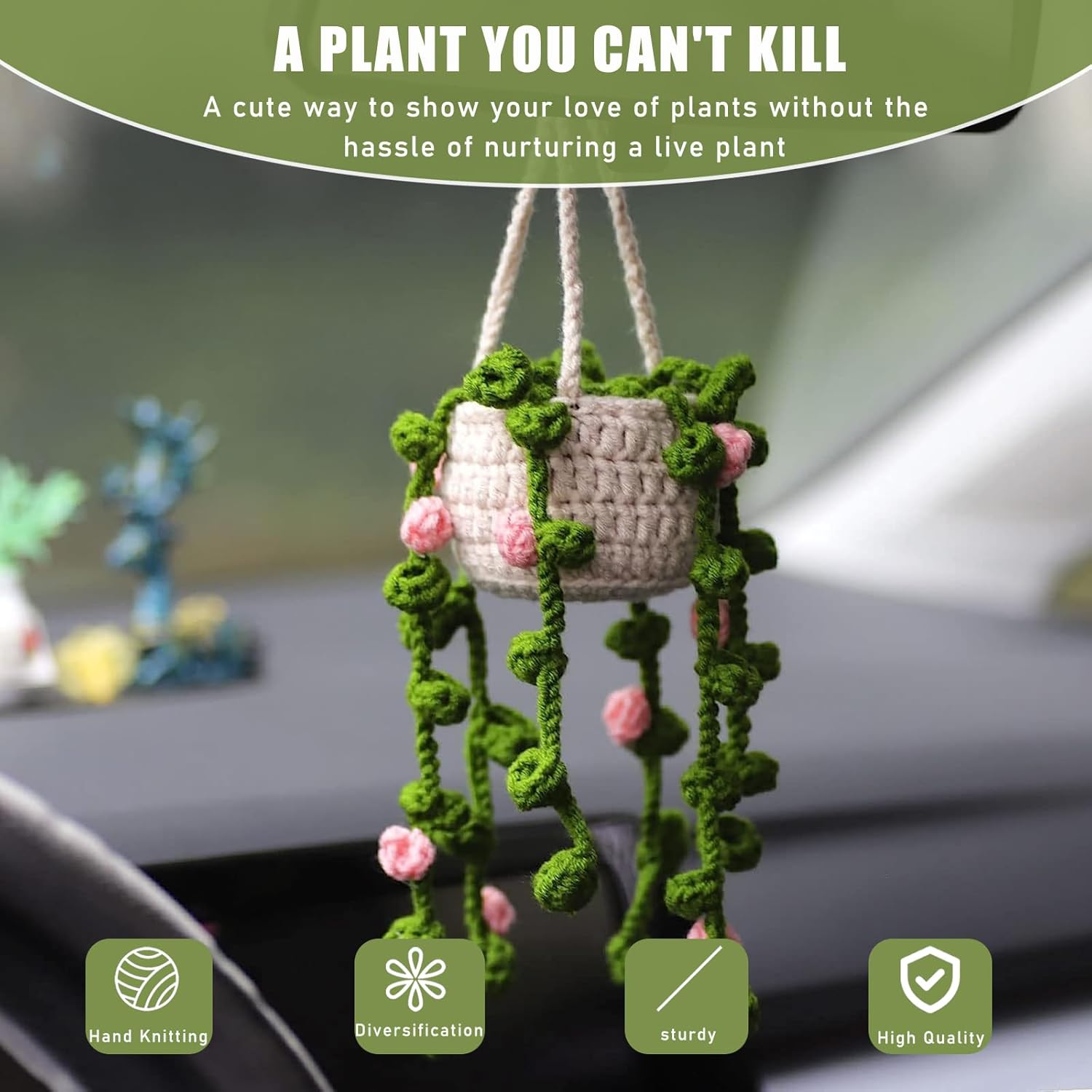 Cute Auto Pendant Crochet Plants Hanging Baskets, Boho Car Plants Crochet Rear View Mirror Accessories, Style 2