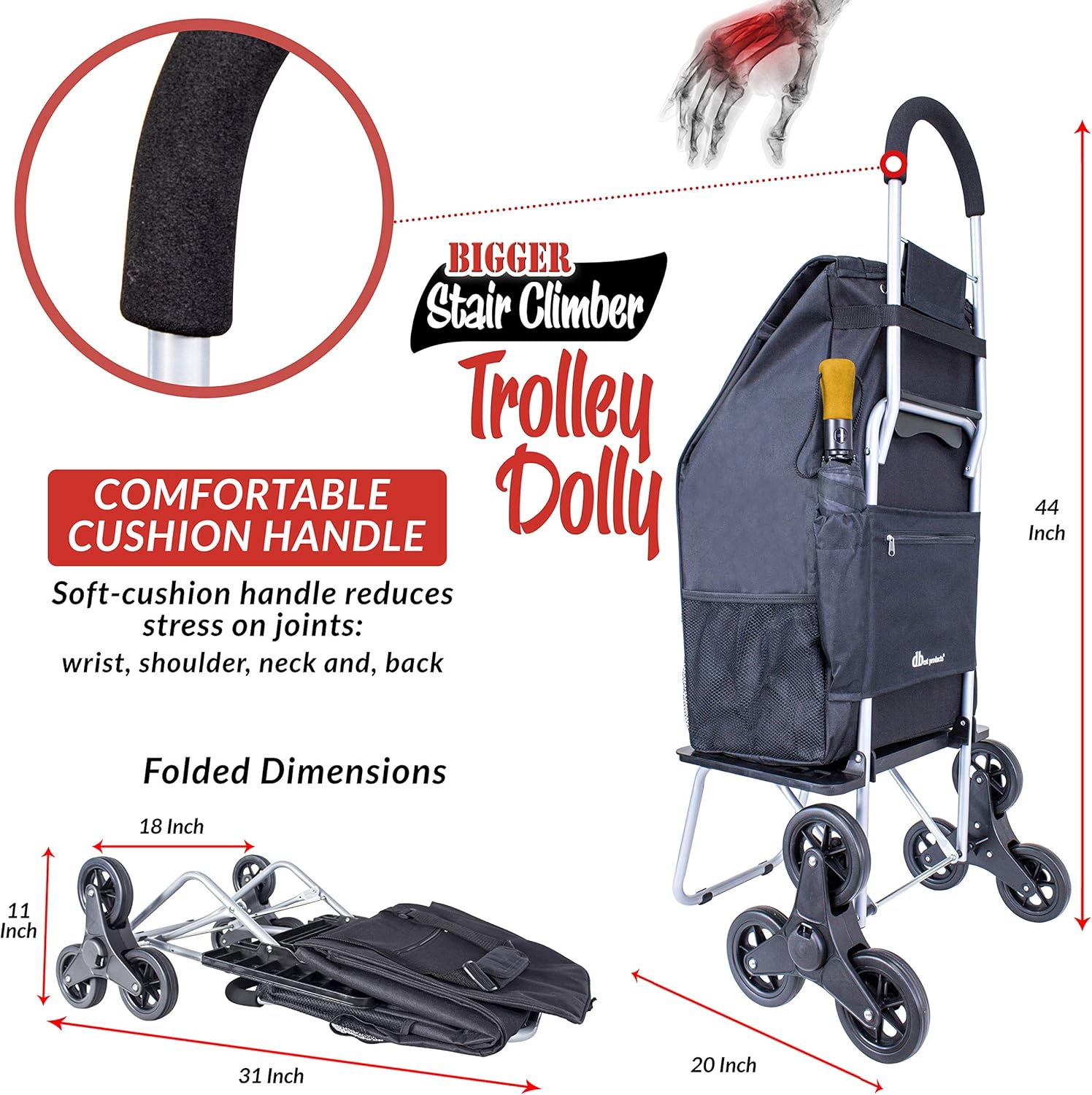 Stair Climber Bigger Trolley Dolly, Black Grocery Shopping Foldable Cart Condo Apartment 44 Inch