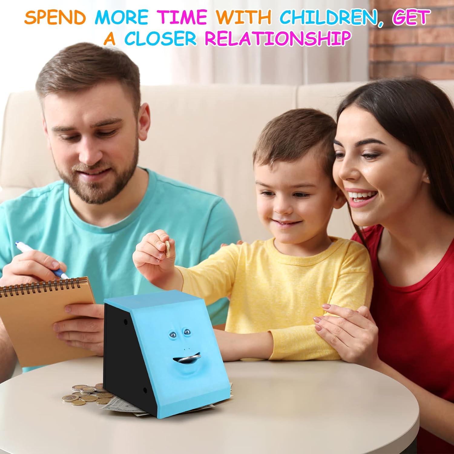 Face Bank, Face Money Eating Box Cute Facebank Piggy Bank for Coins Box Brick Automatic Money Coin Saving Bank, Blue