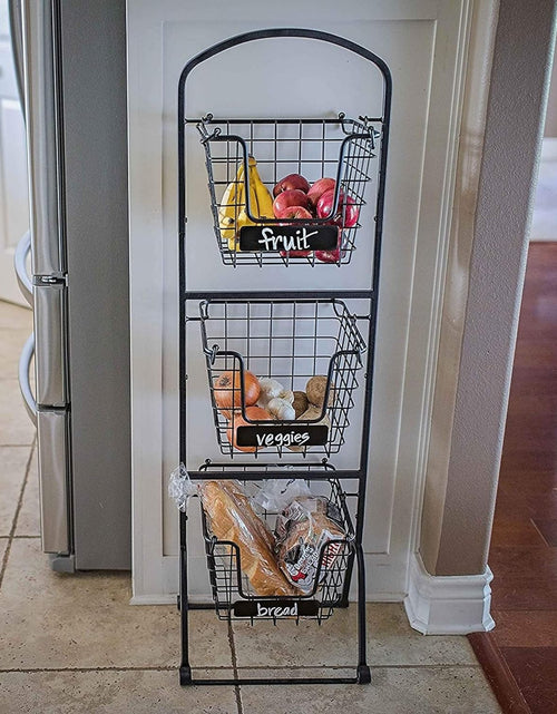 Load image into Gallery viewer, 3-Tier Wire Market Basket Stand with Chalk Label - Snack Fruit Vegetable Produce Metal Hanging Storage Bin for Kitchen Pantry
