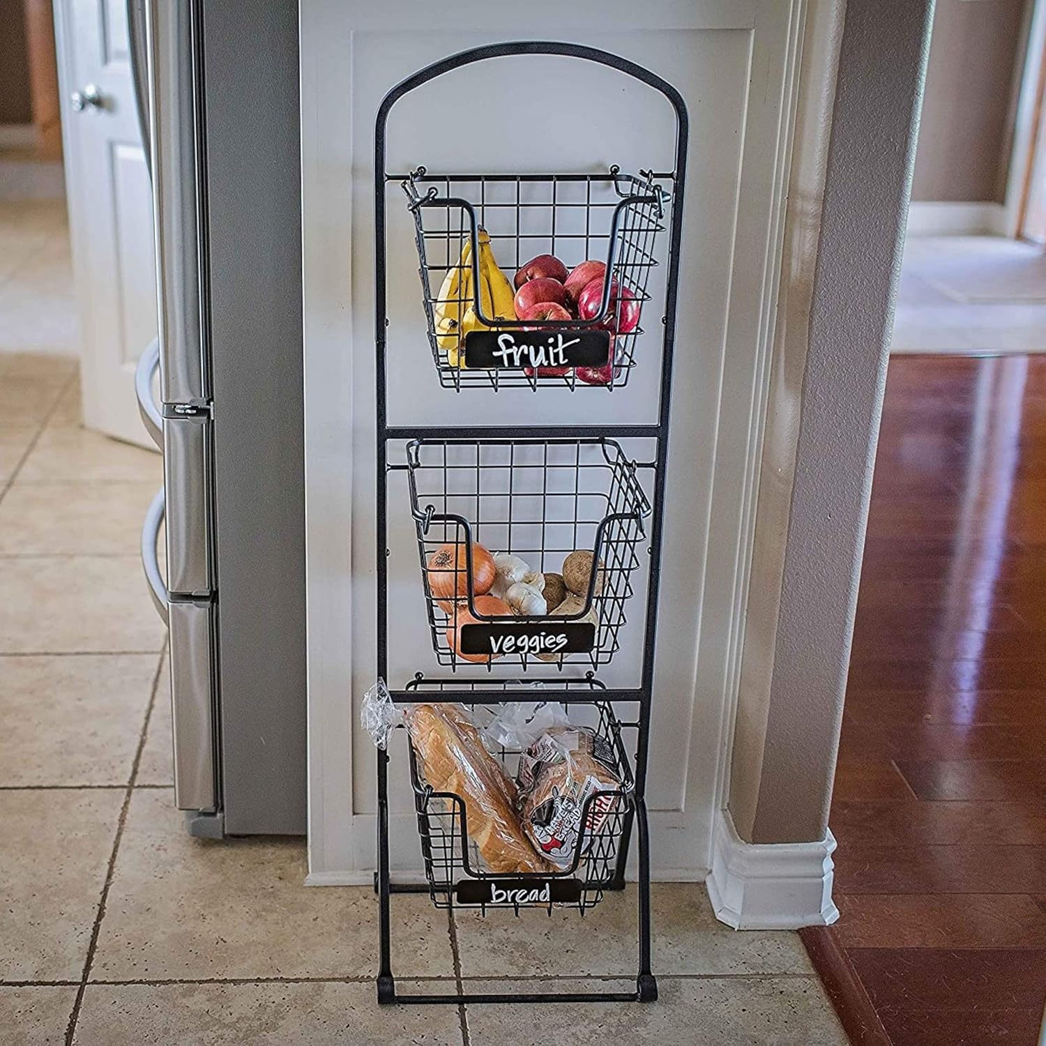 3-Tier Wire Market Basket Stand with Chalk Label - Snack Fruit Vegetable Produce Metal Hanging Storage Bin for Kitchen Pantry