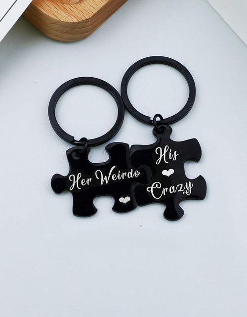 Load image into Gallery viewer, 2pcs His Crazy Her Weirdo Couples Keychains Puzzle Key Chain for Him Her Lovers Gifts, Silver, Medium
