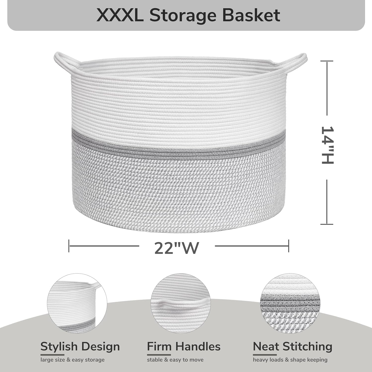 XXL Extra Large Cotton Rope Woven Basket, Throw Blanket Storage Basket with Handles, Decorative Clothes Hamper - 22" x 22" x 14" Gray