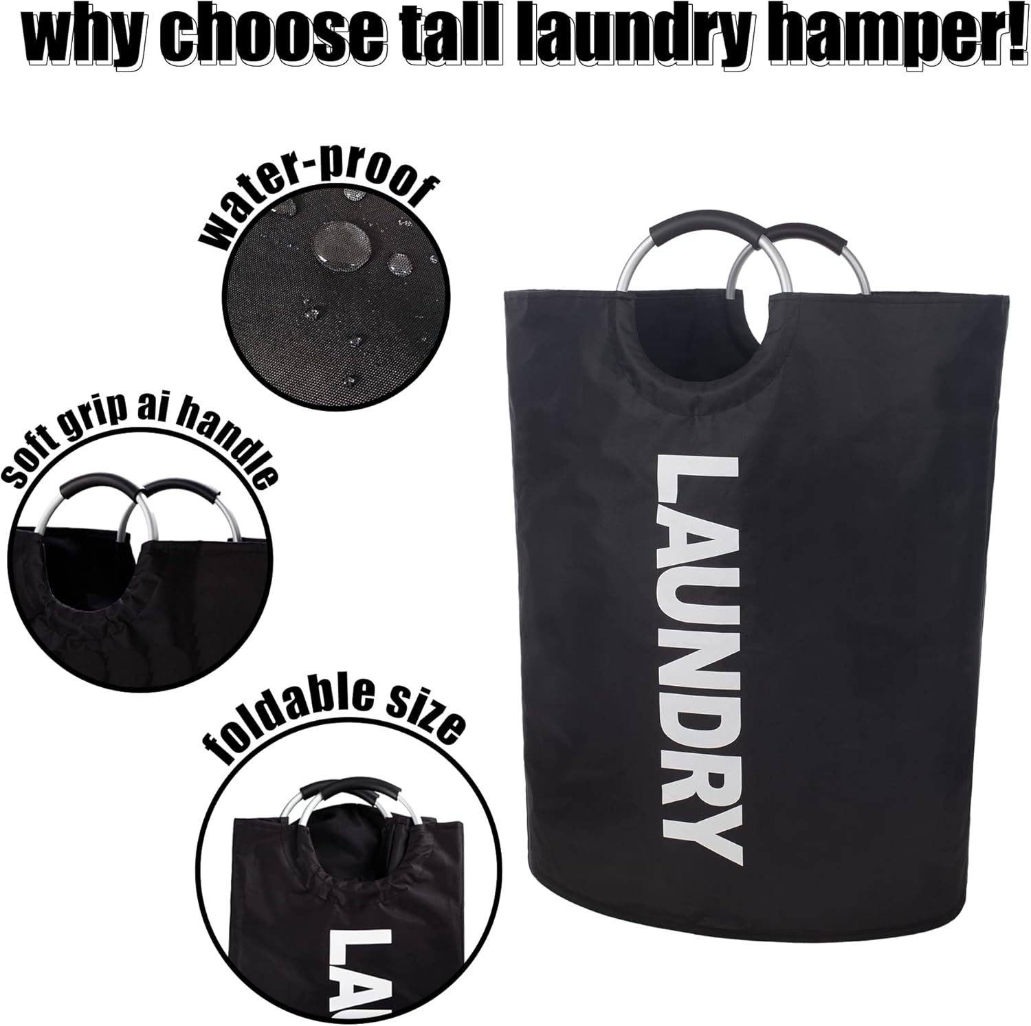 160L XX-Large Laundry Baskets, Laundry Hamper Stands Up Well, Laundry Bag with Padded Handles, Black