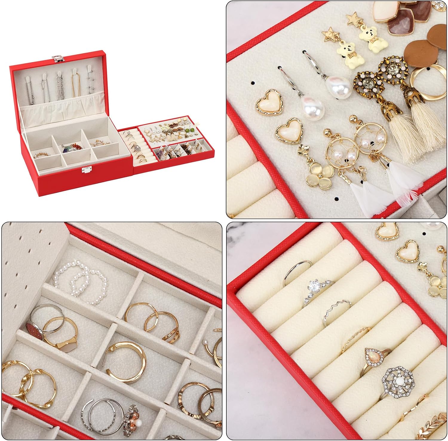 2-Layer Jewelry Organizer Box with Removable Tray, Gift Jewelry Storage Case for Storage Earrings Necklaces Rings Bracelets Watches (Red)