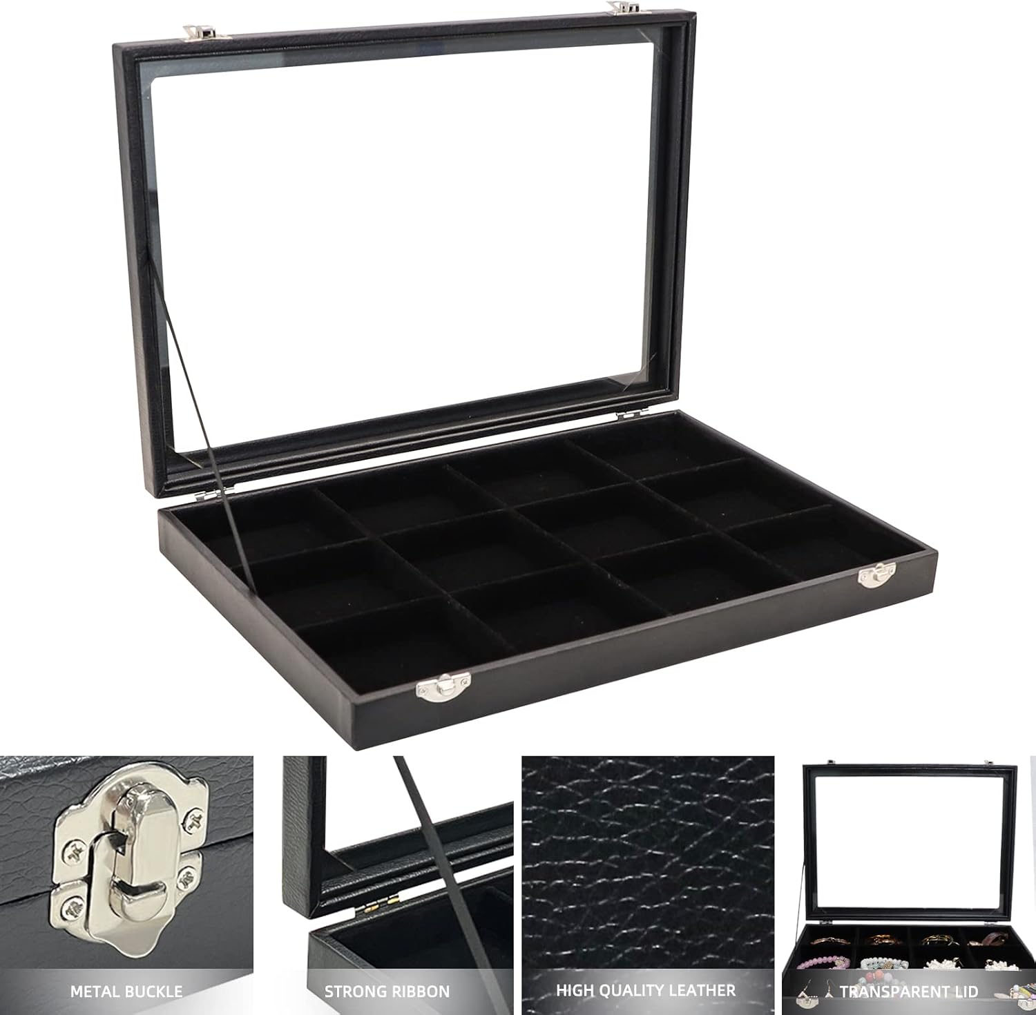 12 Grid Jewelry Organizer Case Boxes Stackable Display Organizer Removable, Black Velvet