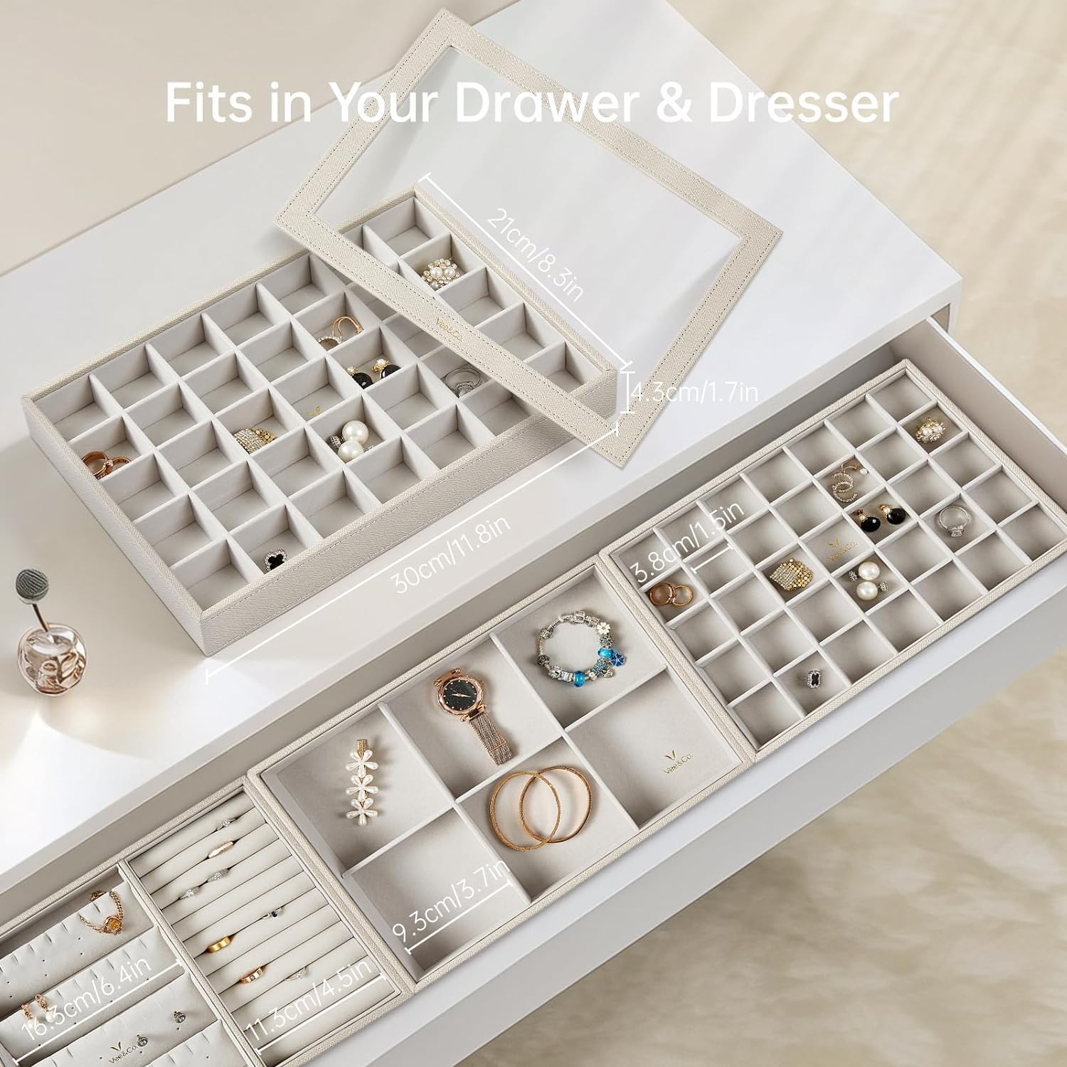 Stackable Jewelry Organizer Trays for Drawers, 35 Grid Grey