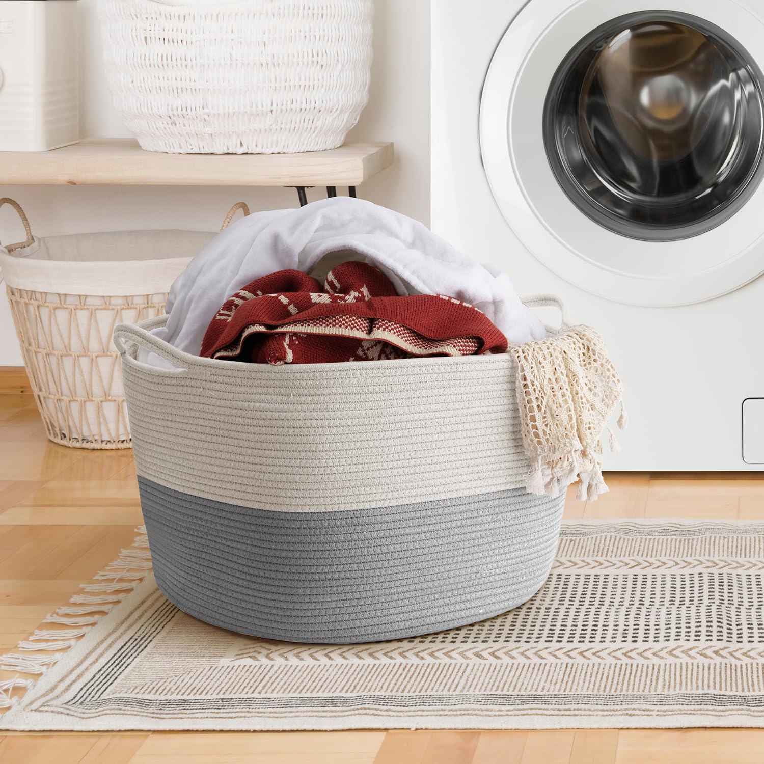 XXXLarge Blanket Basket Living Room - 22" x 22" x 14" Cotton Rope Baskets for Storage, White & Grey