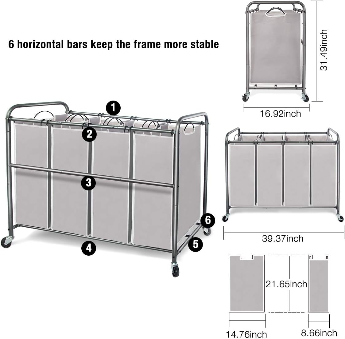 4 Bag Laundry Hamper with Wheels and Removable Bags, Gray