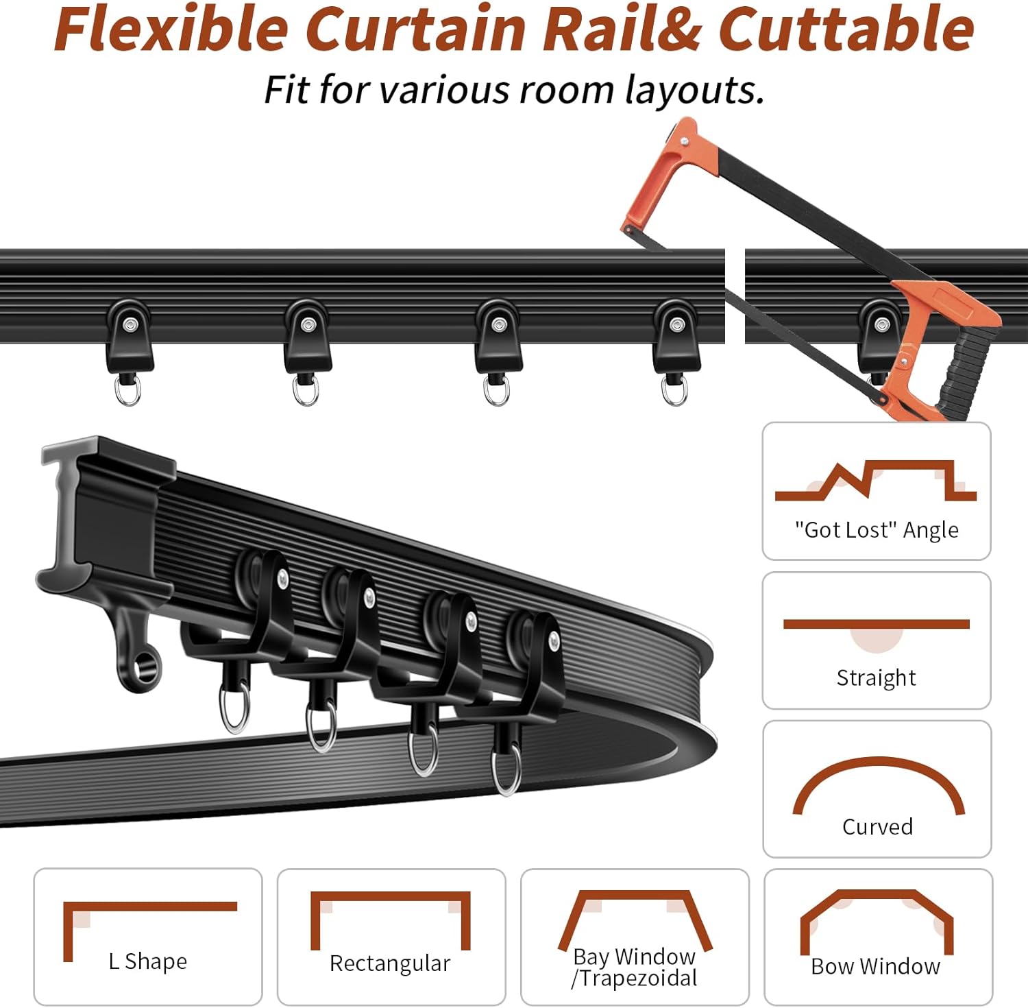 10Ft Flexible Bendable Curtain Track Black Curved Curtain Rail Wall Mount Sliding Ceiling Track System Set for Bay Window RV Room Divider